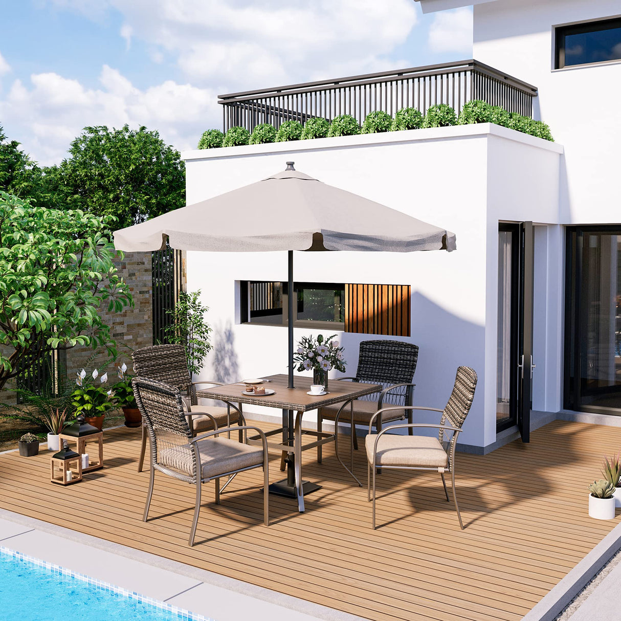 Pamapic Outdoor 5-Piece Patio Dining Set, Weather Resistant PE Rattan Table and Chairs, Comfortable Cushions, Easy Maintenance, 5 PCS, Beige Pamapic