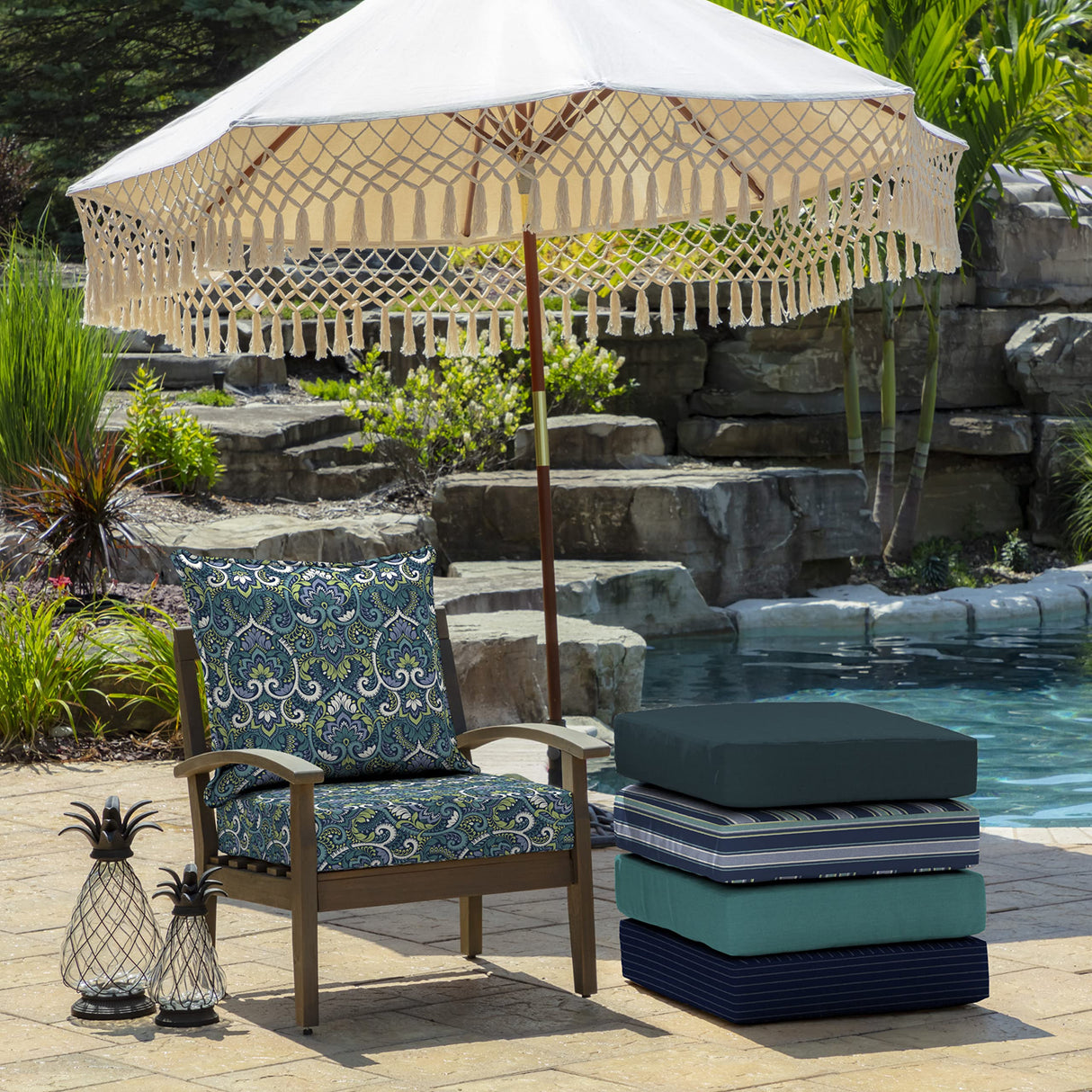 Arden Selections Outdoor Deep Seat Cushion Set, 24 x 24, Rain-Proof, Fade Resistant, Deep Seat Bottom and Back Cushion for Chair, Sofa, and Couch, 24 x 24, Sapphire Aurora Blue Damask Arden Selections