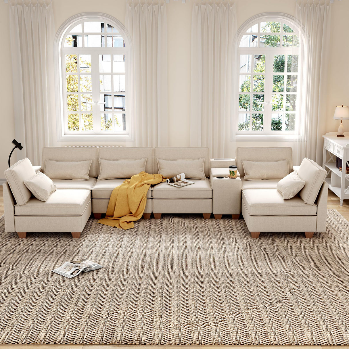 Modular Sectional Sofa, Sectional Couches for Living Room, L/U Shaped Sofa with Storage and Phone Holder, Modular Couch with Multi-Functional Console, USB Charging, Cup Holders (Beige, 6-seats) Pingliang Home