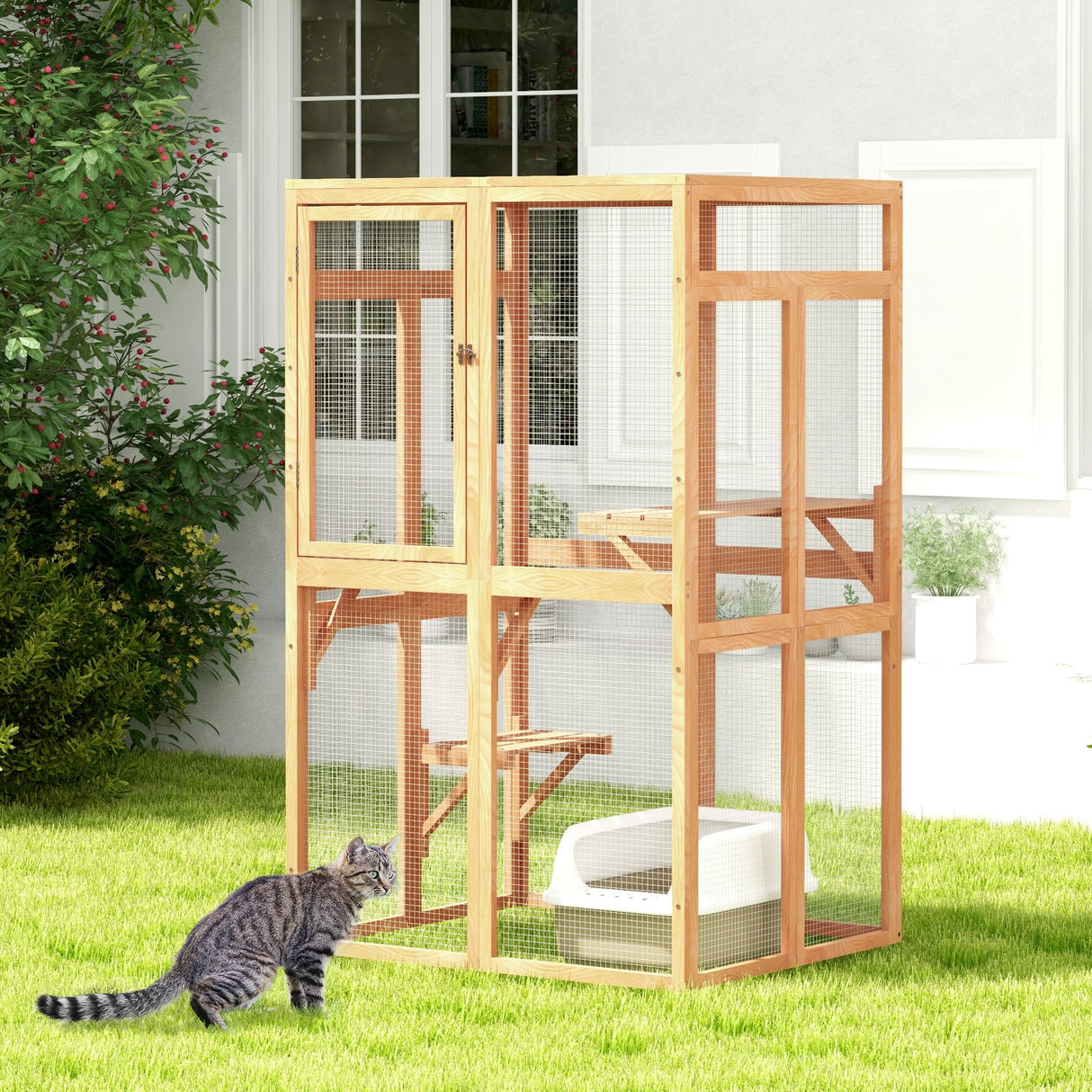 COZIWOW Catio Outdoor Cat Enclosure Window Access, Wooden Cat House Shelter, Kitty Cage with Hammock for Patio Indoor (Wood) COZIWOW