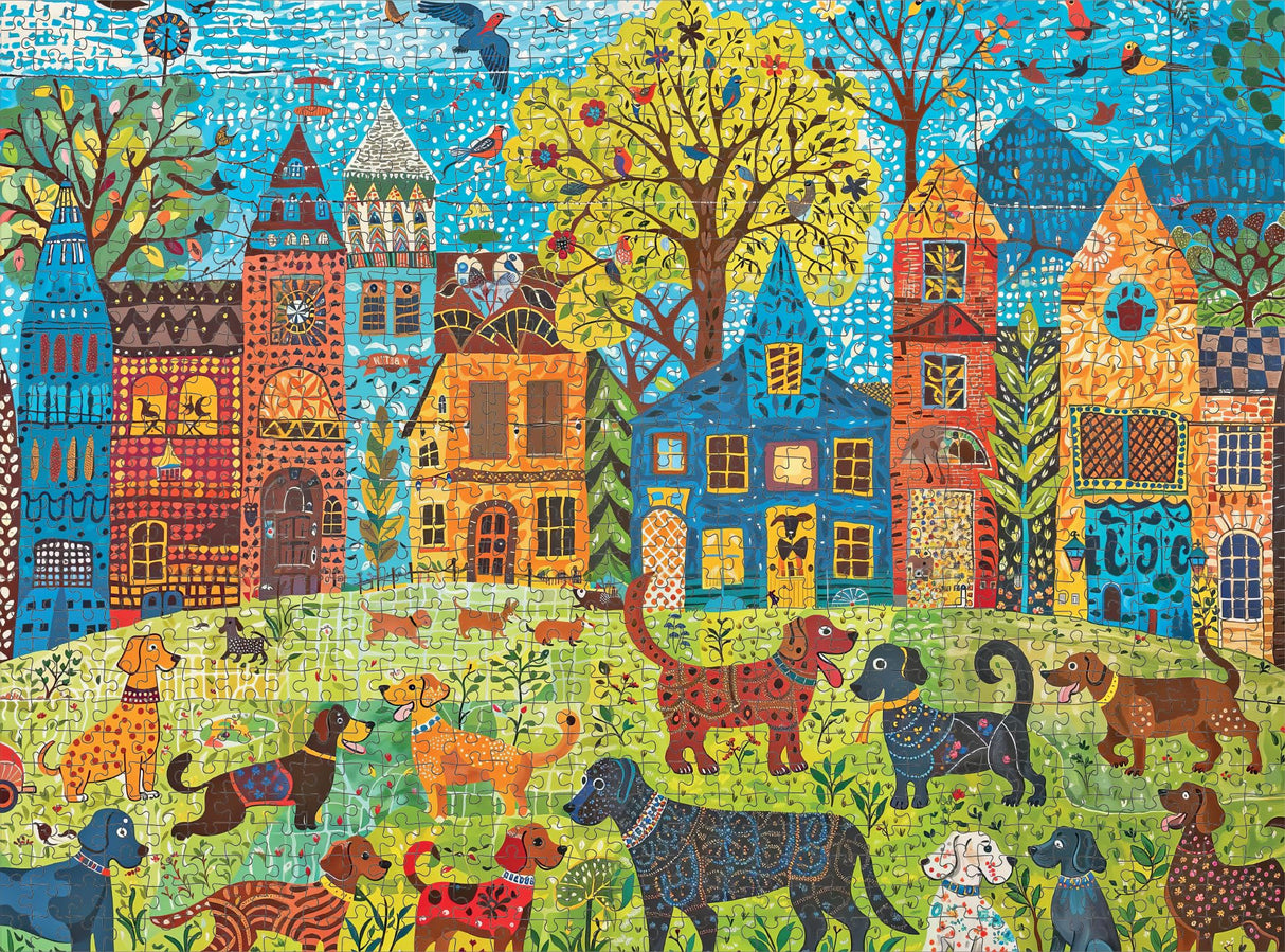 Cross & Glory - Colorful Canines: A Dog Park Day - 1000 Piece Folk Art Style Jigsaw Puzzle for Adults | Vibrant City Scene with Playful Pups | Perfect for Dog Lovers Cross & Glory
