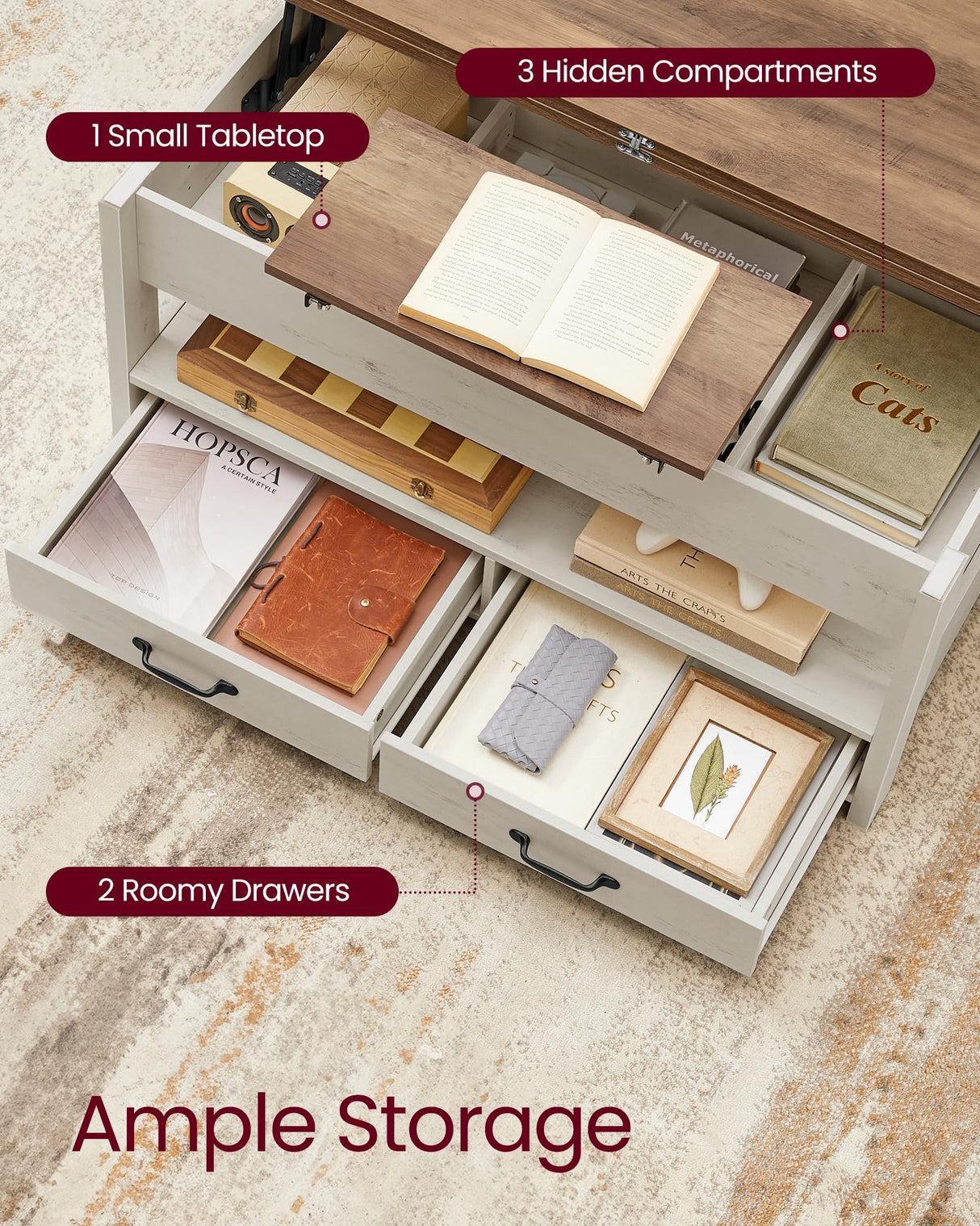 VASAGLE Coffee Table Lift Top, 3 in 1 Center Table with Storage, Gas Spring, 2 Drawers and 3 Hidden Compartments, Open Shelf, for Living Room, Home Office, Honey Brown and Rustic White ULCT254W01 VASAGLE