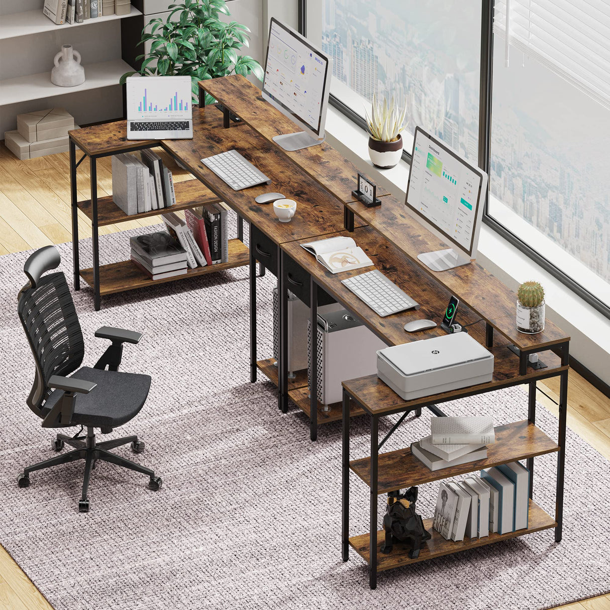 SUPERJARE 53 Inch L Shaped Desk with LED Lights & Power Outlets, Reversible Computer Desk with Shelves & Drawer, Corner Desk Home Office Desk, Rustic Brown SUPERJARE