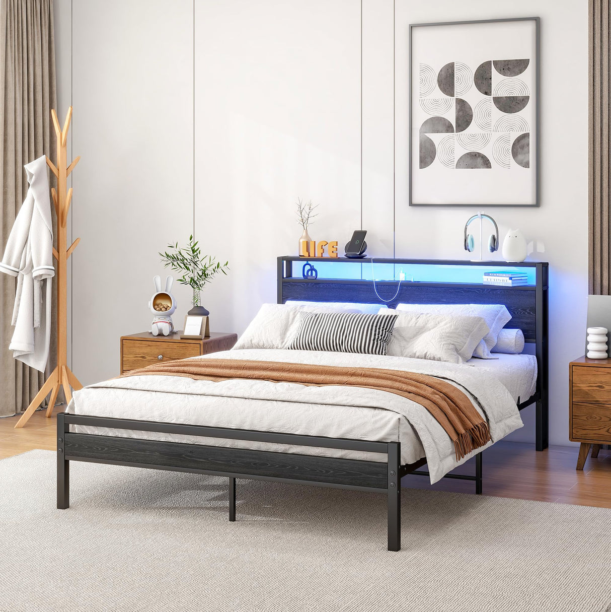 Queen Bed Frame with Storage Headboard/LED Lights,Metal Platform Bed Frame Queen Size with Storage Charging Station,Queen Bed Frame No Box Spring Needed,Heavy Duty Metal Slats,Bed Base,No Noise,Black HOJINLINERO