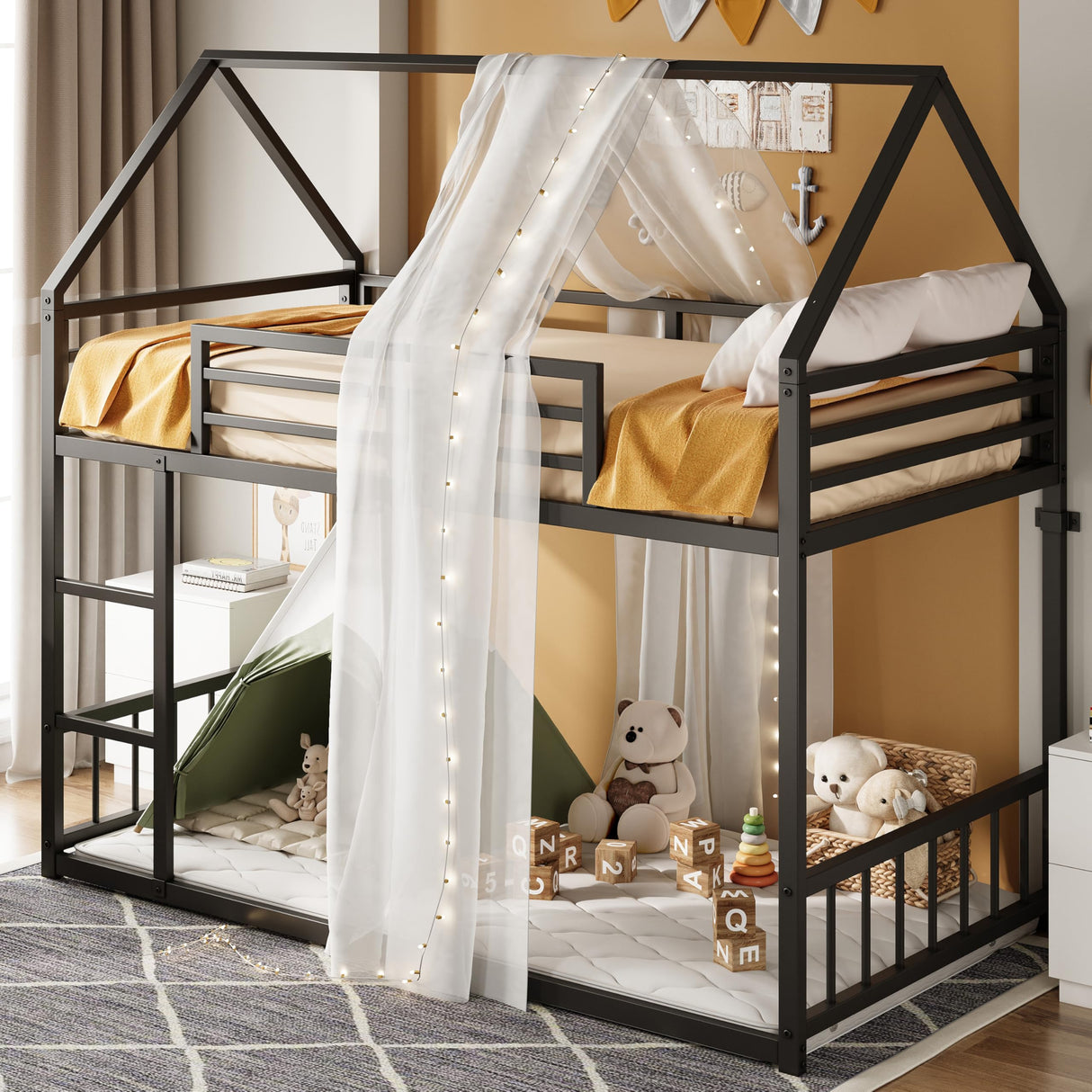 LIKIMIO Bunk Bed Twin XL Over Twin XL, Metal Bunk Bed Frame with Ladder and Guardrail, House Shaped with Metal Slats for Dormitory and Bedroom, Space Saving, No Box Spring Needed, Black LIKIMIO