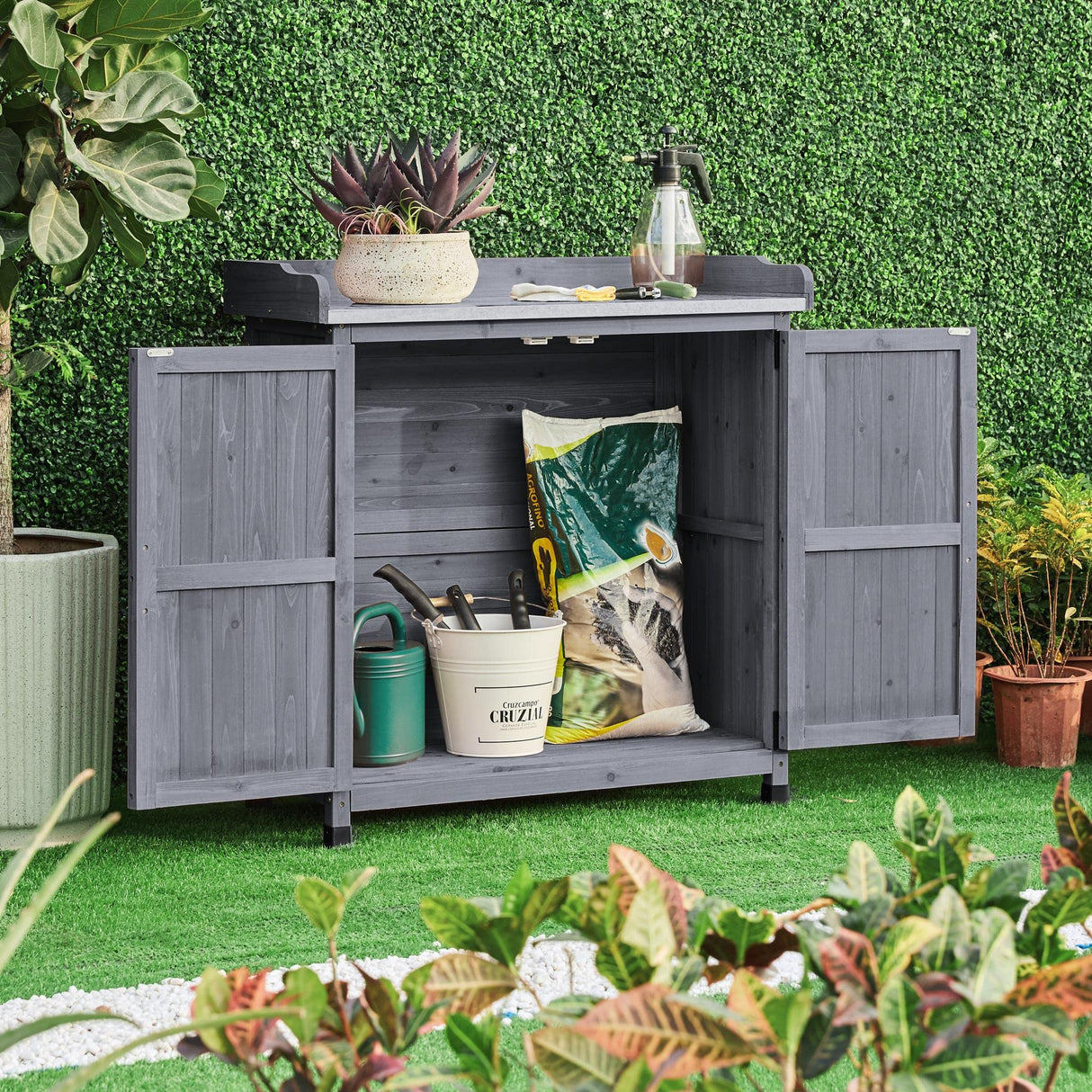 Topeakmart Potting Bench Table - Wooden Storage Cabinet with Removable Shelf & Flexible Space & Metal-Plated Tabletop for Outdoor Garden Patio, Gray Topeakmart