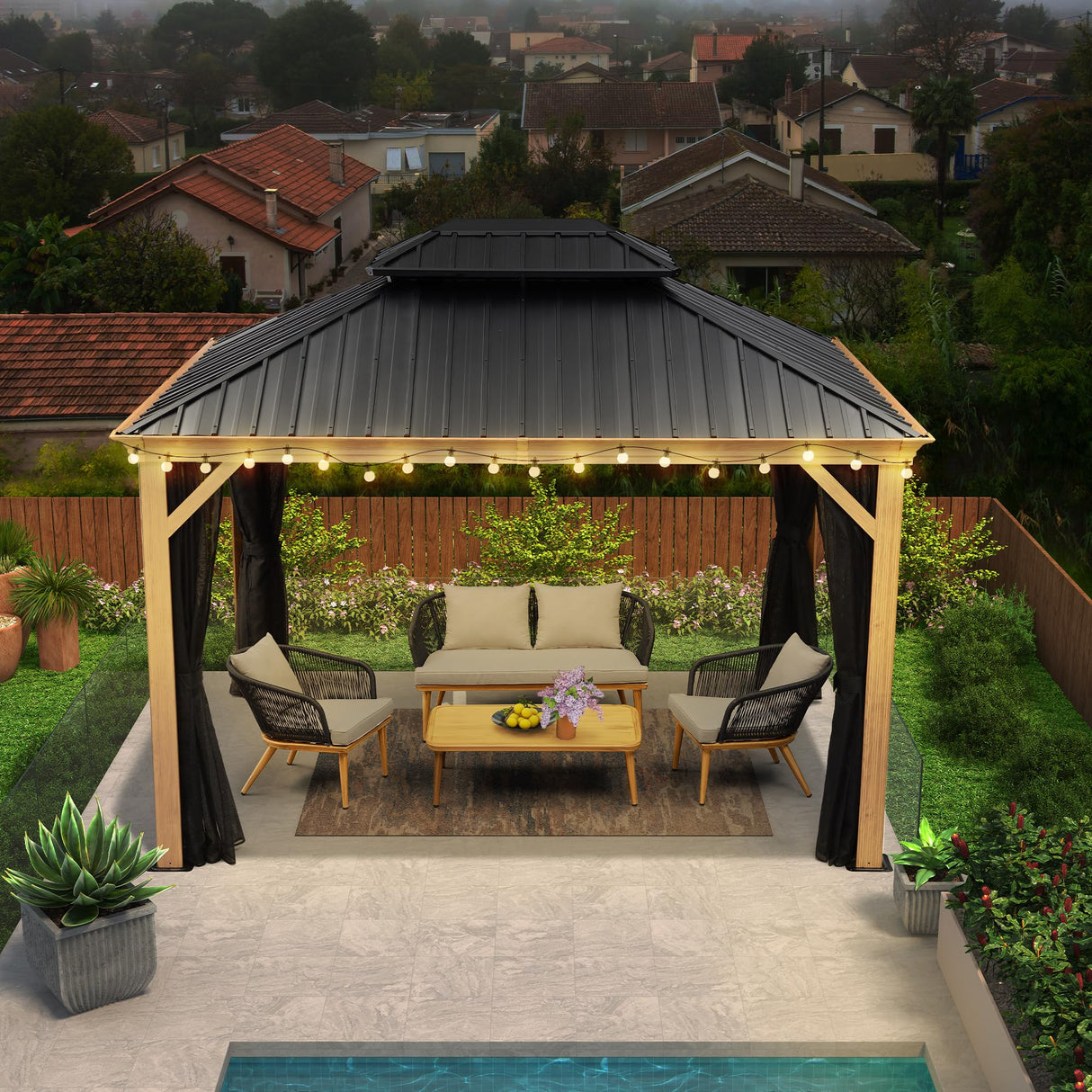 PURPLE LEAF 10' X 12' Outdoor Hardtop Gazebo for Patio Galvanized Steel Double Roof Permanent Canopy Teak Finish Coated Aluminum Frame Pavilion Gazebo with Netting and 24 Solar String Lights PURPLE LEAF