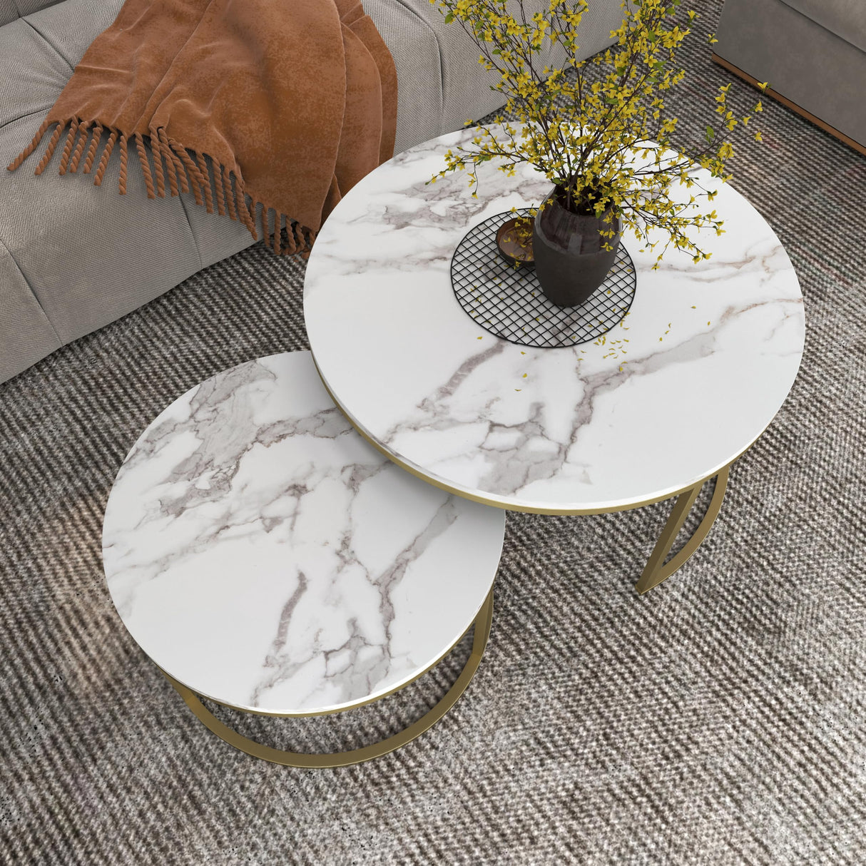 Xinyvee Nesting Coffee Table Set of 2, 31.5" Round Coffee Table Wooden Marble Pattern Accent Furniture, Industrial End Table for Living Room Bedroom Balcony (White/Gold) Xinyvee