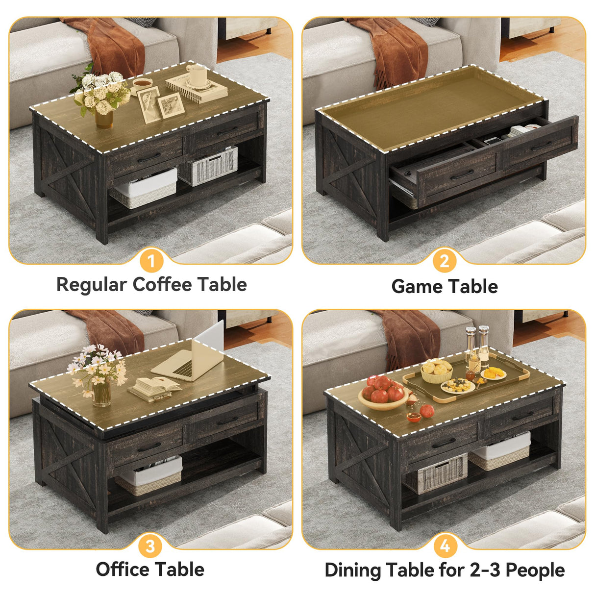 DWVO Board Game Table Living Room: 3-in-1 Game & Puzzle Table with Play Mat, 4 Drawers, Power Outlet, Removable Top (Dark Oak) DWVO