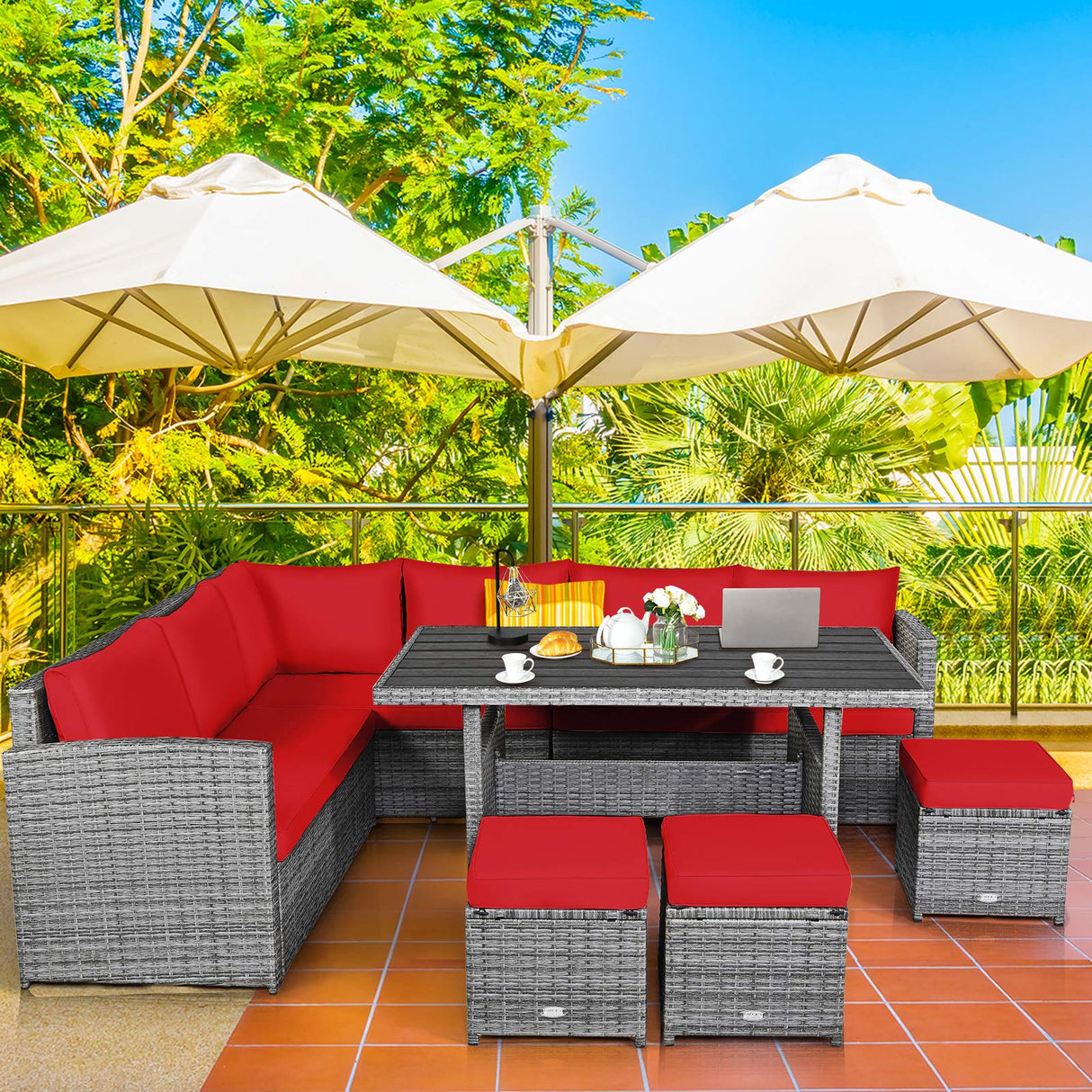 Tangkula 7 Pieces Patio Furniture Set, Outdoor Sectional Rattan Sofa Set with Cushions, All Weather Wicker Conversation Couch Set w/Dining Table & Ottomans for Backyard Garden Poolside Tangkula