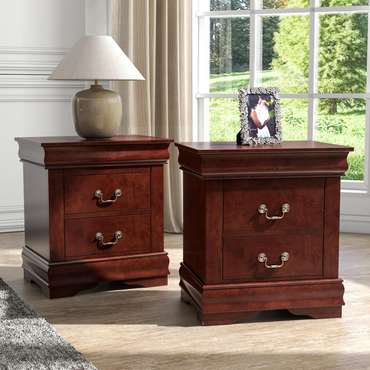 Furniture of America Arabella Traditional Solid Wood Nightstands Set of 2, Bedside Table with Drawers and Antique Nickle Handles, No Assembly Wooden Night Stands for Bedrooms, Guest Room, Dorm, Cherry Furniture of America