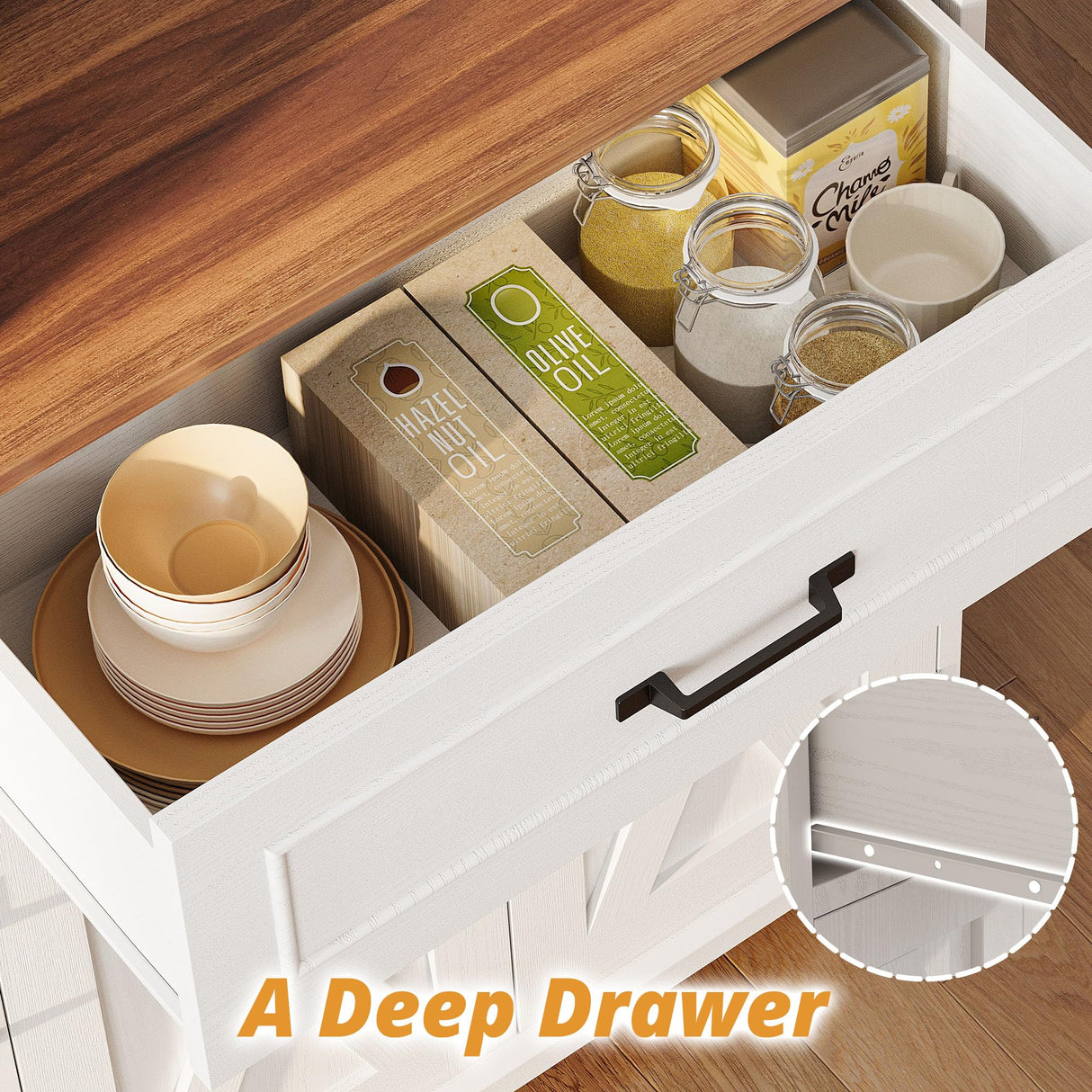 IRONCK Farmhouse Kitchen Pantry Cabinet with Charging Station, Kitchen Hutch Storage Cabinet with Microwave Stand and Rotating Rack for Kitchen, Dining Room, White IRONCK