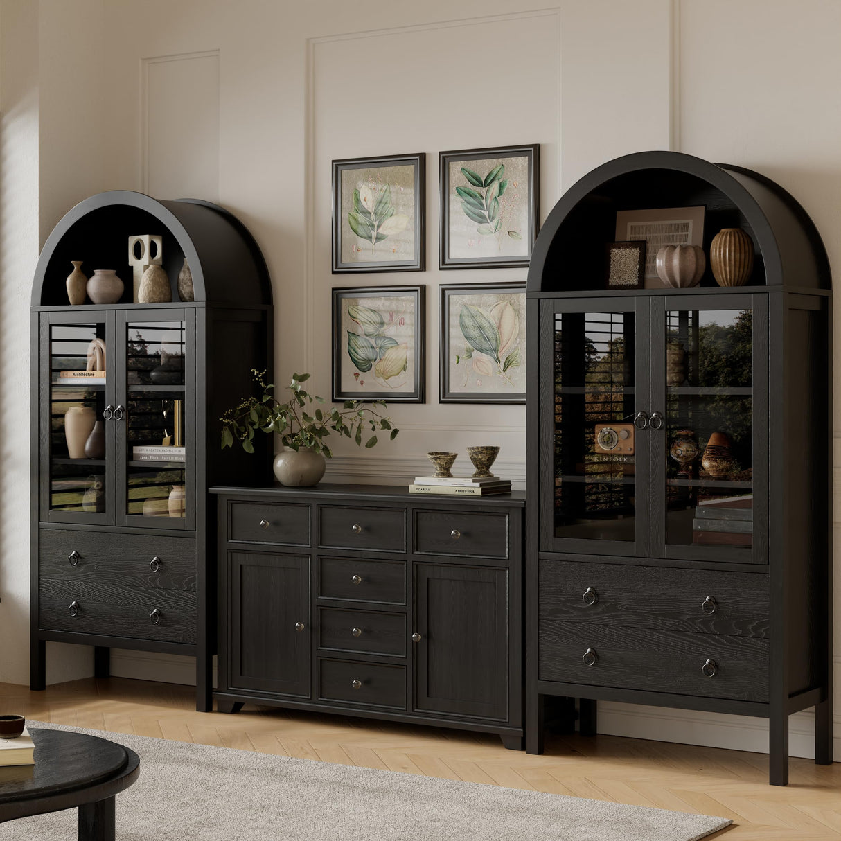 MECHYIN 71'' Tall Arched Cabinet, Arched Kitchen Pantry Cabinet with Doors, Wood Arch Storage Cabinets Display Bookcase with 2 Large Drawers and Adjustable Shelves, Versatile Cupboard for Living Room MECHYIN