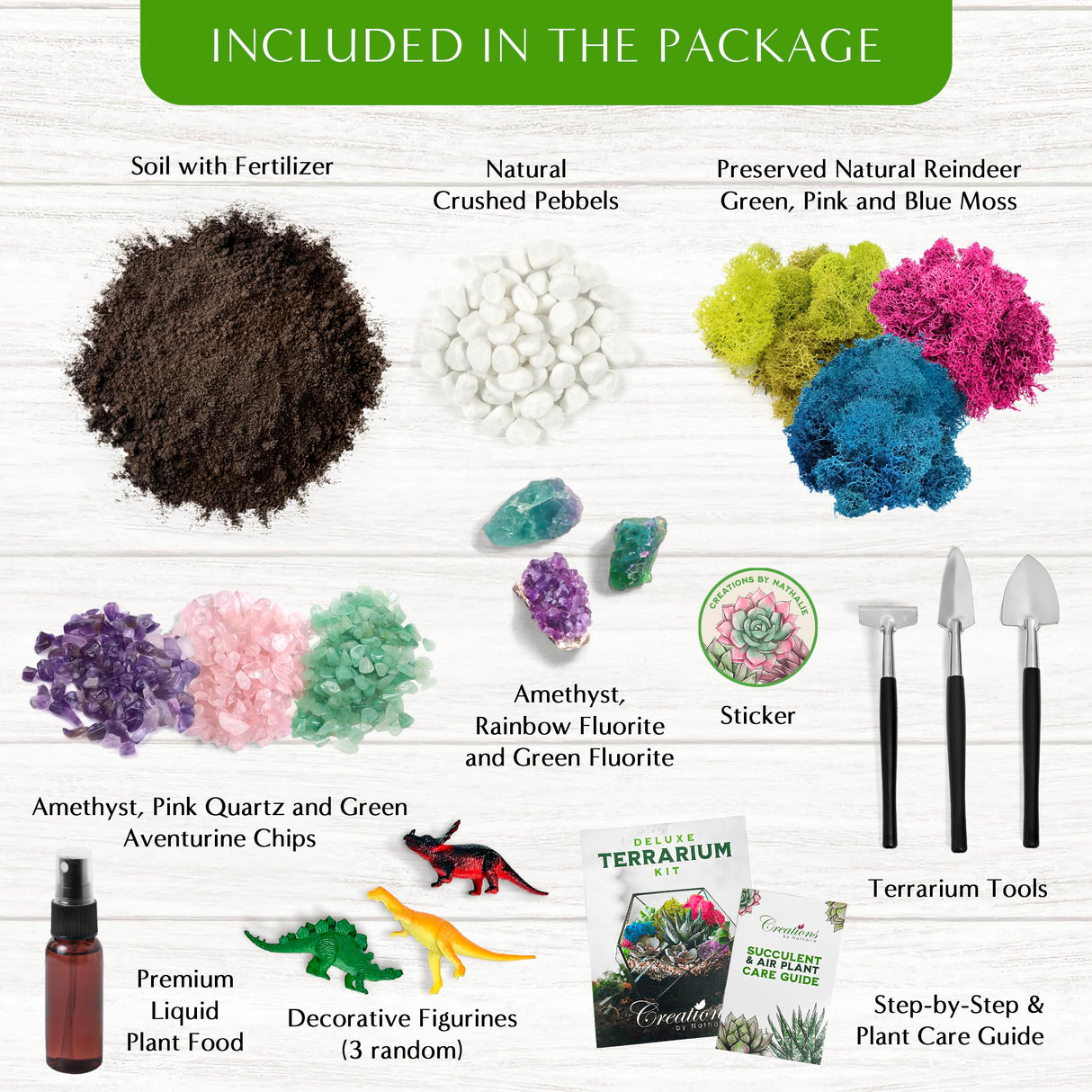 Creations by Nathalie – DIY Large Terrarium Starter Kit with Soil, Moss, Pebbles, Healing Crystal, Tools & Supplies – Terrarium Kit for Adults & Kids, Handcrafted in USA Creations by Nathalie