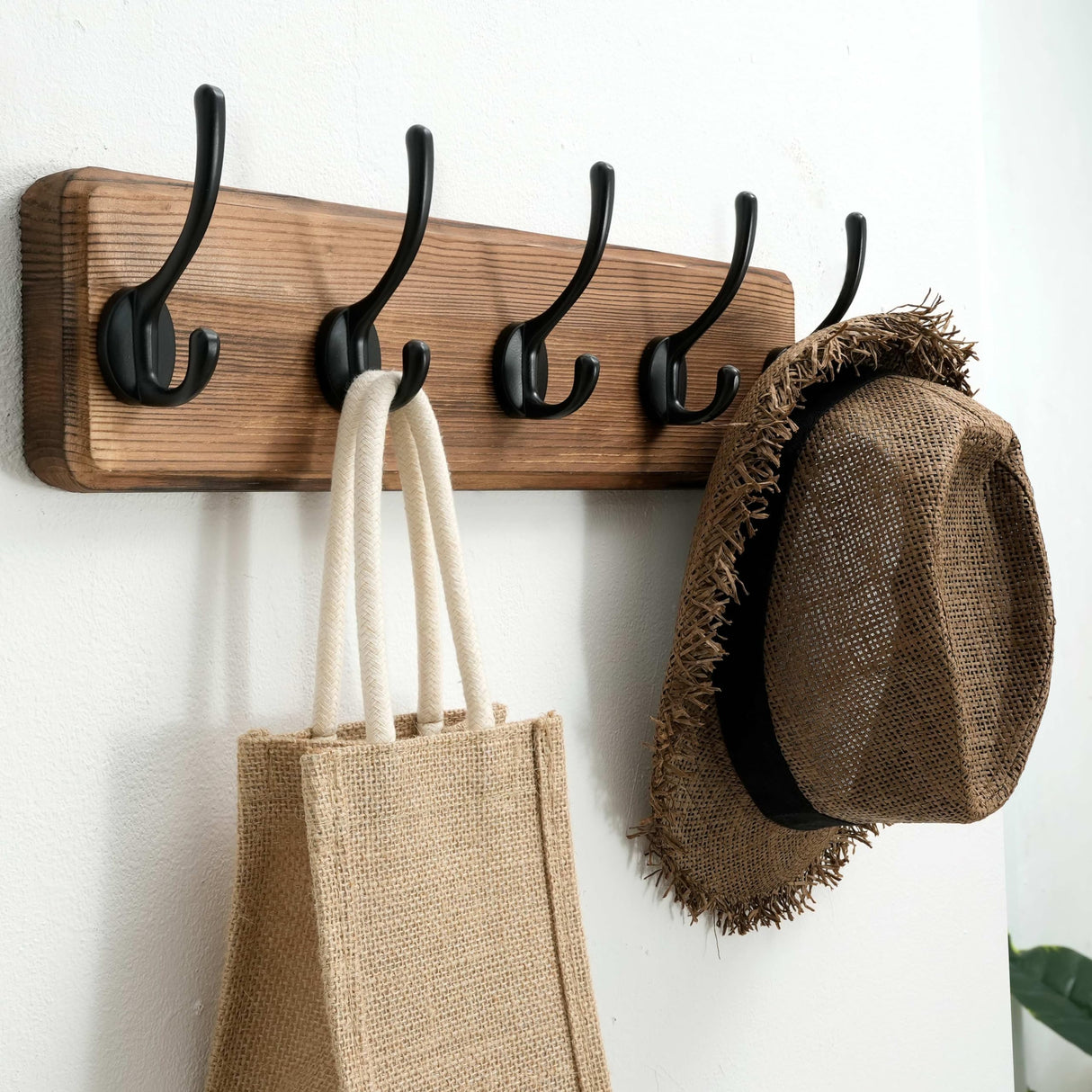 SKOLOO Rustic Wall Mounted Coat Rack with 16 Inch Mounting Hole Distance, Pine Solid Wood Coat Hook Hanger - 5 Hooks for Hanging Clothes Robes Towels Coats SKOLOO