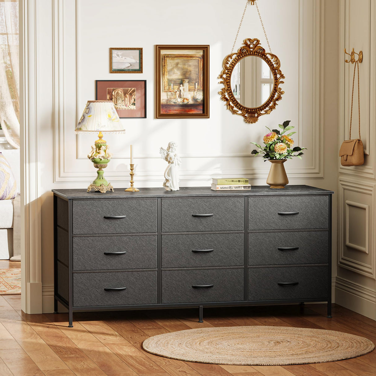 Huuger 9 Drawer Dresser, 47 Inch Dresser TV Stand for 50, 55 Inch TV, Entertainment Center with Drawers, Fabric Dresser Chest of Drawer for Bedroom, Closet, Black Huuger