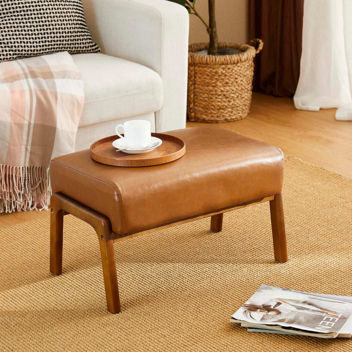 Glitzhome 15.5"(H) Footrest Stool, Leatherette Ottoman, Accent Padded Sofa Foot Stool for Accent Chair, Wood Frame Foot Rest Ottoman for Living Room, Bedroom, Yellowish-Brown Glitzhome