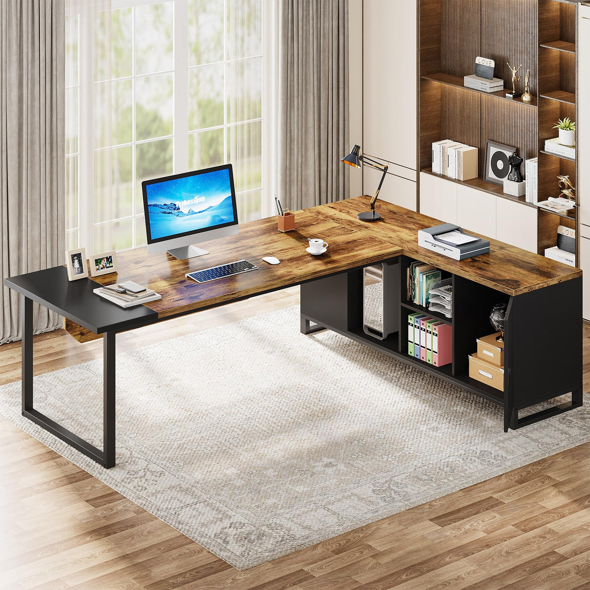 Tribesigns 70.8-Inch Executive Desk with 55-Inch File Cabinet, Large L Shaped Computer Desk with Storage Cabinet and Shelves, Industrial L-Shaped Desk for Home Office, Rustic Brown & Black Tribesigns