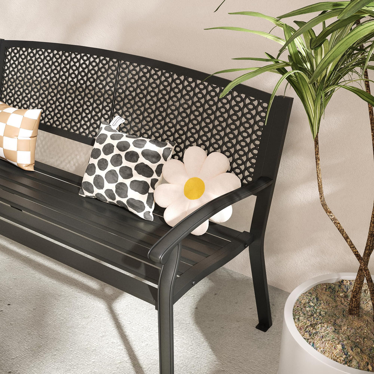 VICLLAX 50” Outdoor Garden Bench with Armrests and Backrest, Waterproof Patio Metal Bench for Park, Porch, Backyard, Round Pattern Back VICLLAX