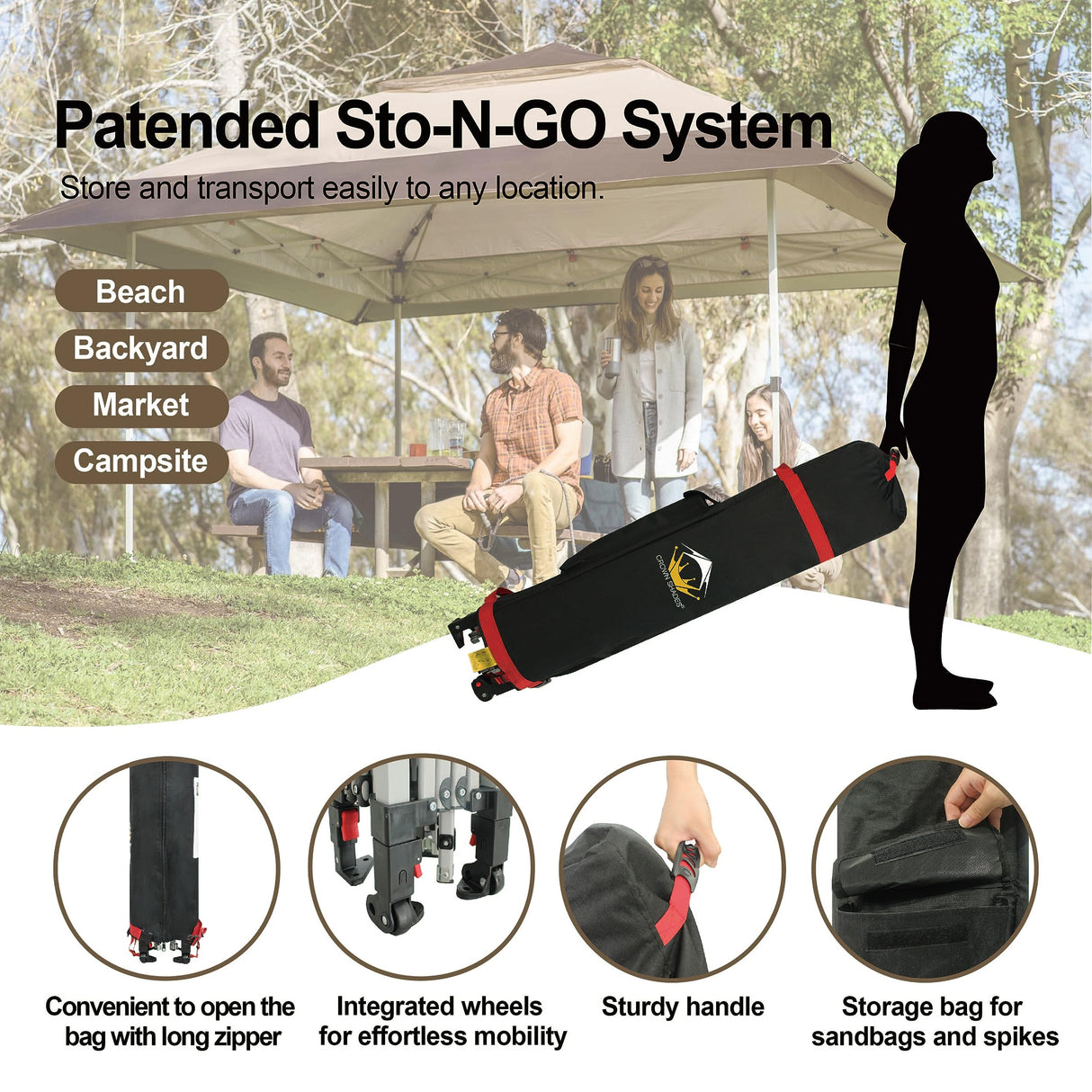 CROWN SHADES 11x11 Pop Up Gazebo, Patented One Push Outoor Canopy Tent with Wheeled STO-N-Go Cover Bag, Pop Up Canopy with Netting for Patio, Backyard (11x11, Beige & Coffee) CROWN SHADES