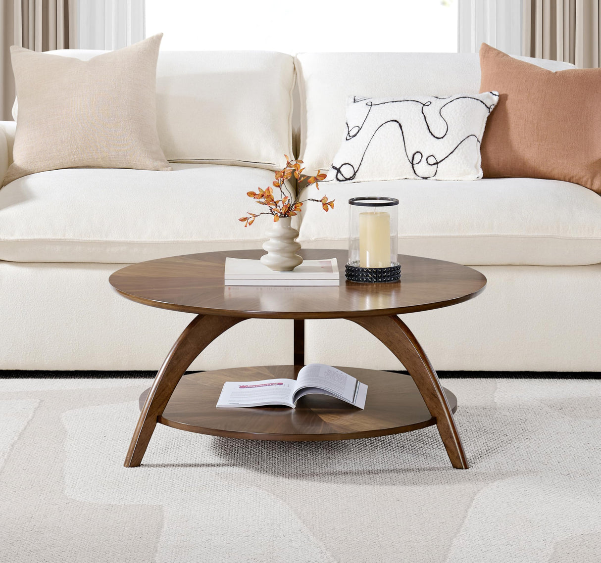 Martin Svensson Home LAX Retro Mid-Century Modern Round Wood Coffee Table with Lower Shelf, Cocktail Table for Living Room or Den. Walnut Brown. Martin Svensson Home