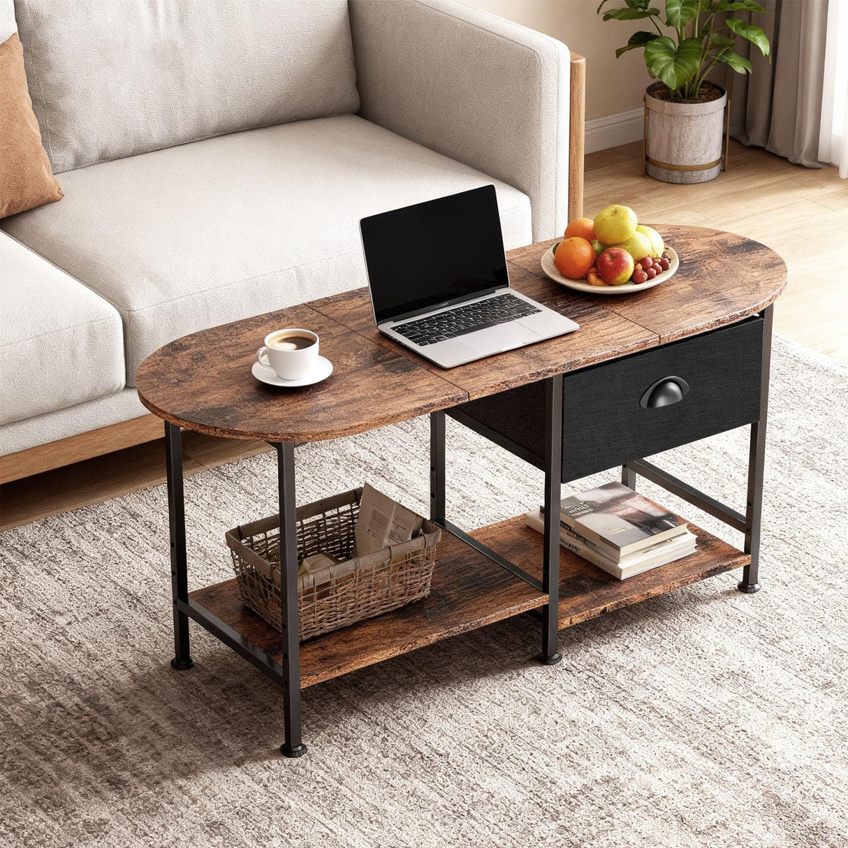37" Oval Small Coffee Table with Storage,Modern Wood Living Room Center Table for Small Space,Apartment,Home Office,Drawer & Open Shelves,Easy Assembly,Rustic Brown Kratonix