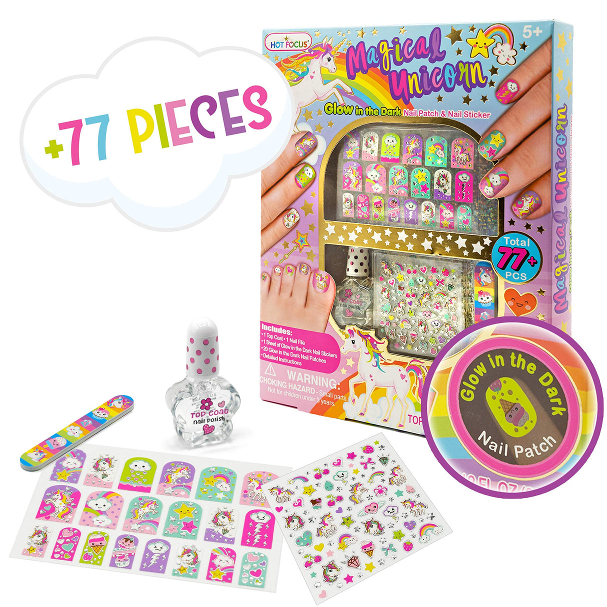 Hot Focus Unicorn Nail Kit – Kids Nail Polish Set for Girls Ages 5 6 7-12 with 77+ Pieces, Spa Kit, Nail Art Decoration Set, Glow-in-the-dark, Stickers, and Water-Based Polish - Girls' Nail Kit. Hot Focus