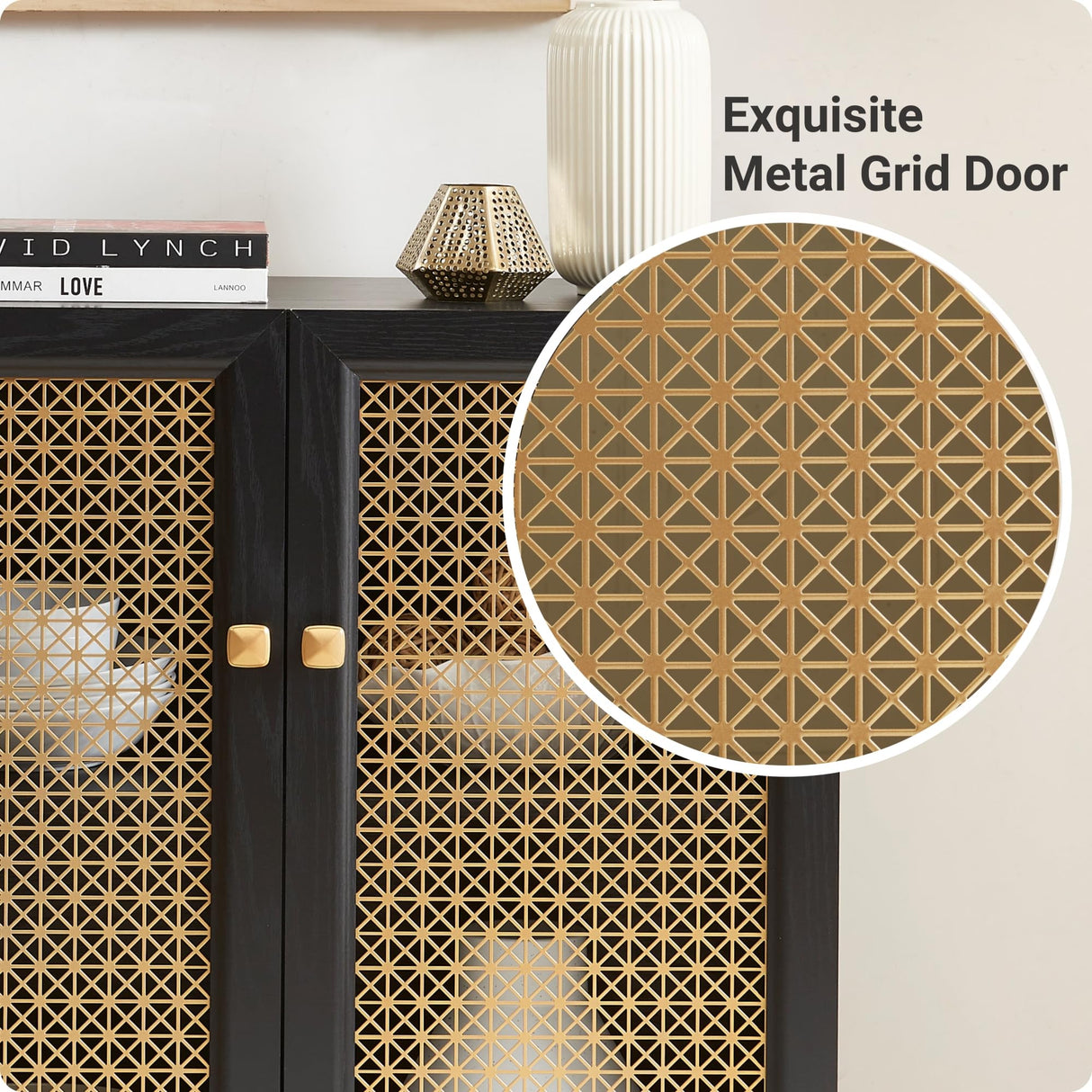 EDYO LIVING 63" Metal Decorative Sideboard Buffet Cabinet with LED Light, Black Credenza Storage Cabinet, Wood Accent Cabinet with 4 Doors for Living Room EDYO LIVING