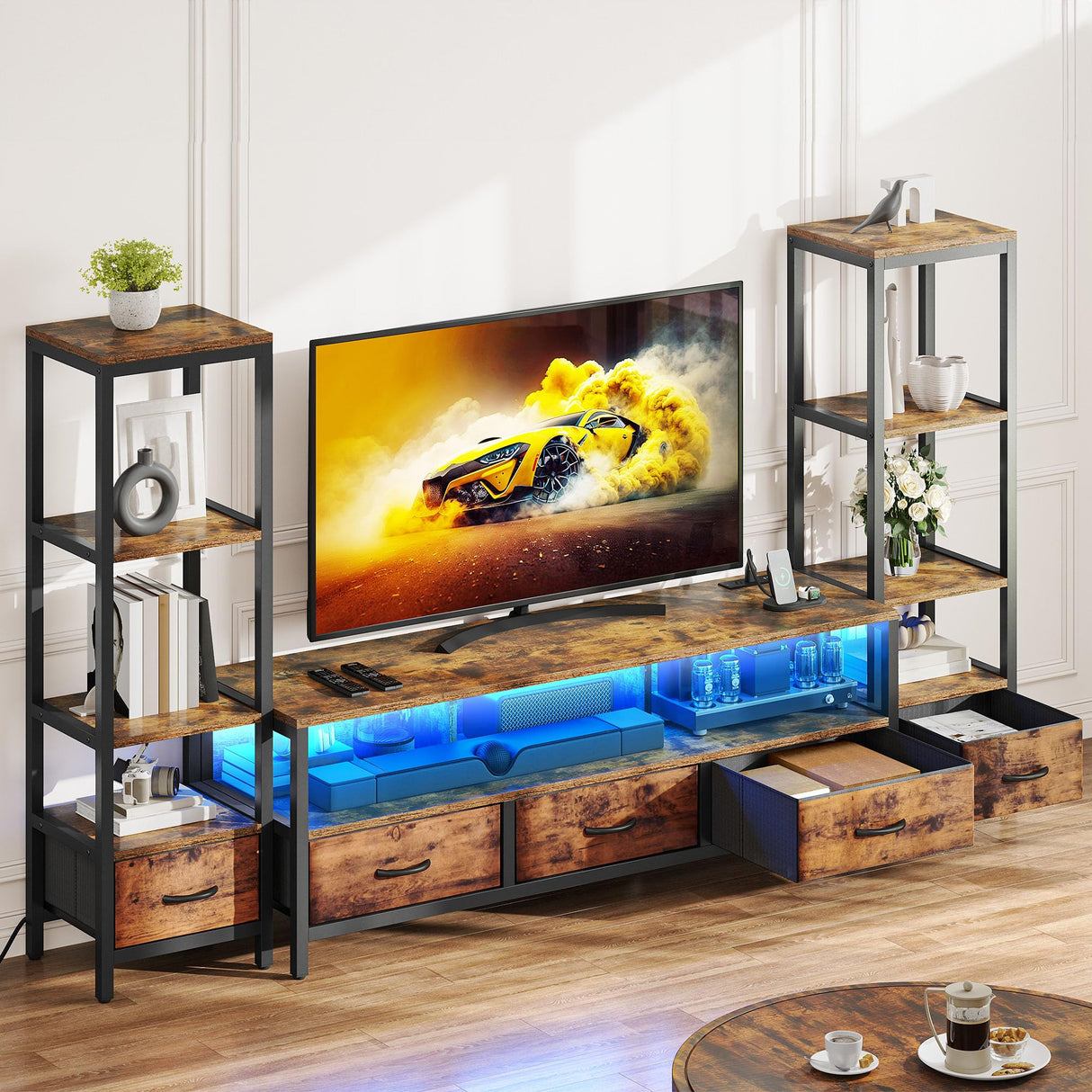 YITAHOME TV Stands for 65 inch TV Entertainment Center with 2 Industrial 4-Tier Bookshelves, LED TV Stands for Living Room, Modern Farmhouse TV Console Cabinet with Power Outlets, Rustic Brown YITAHOME