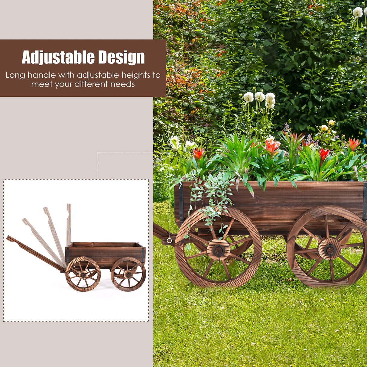 S AFSTAR Wooden Wagon, Wood Flower Planter Pot Stand with 4 Wheels & Drainage Holes, Amish Wagon Planter, Rolling Pot Stand Wood Wagon for Outdoor Plants Garden Decorative Garden Planter, Brown S AFSTAR