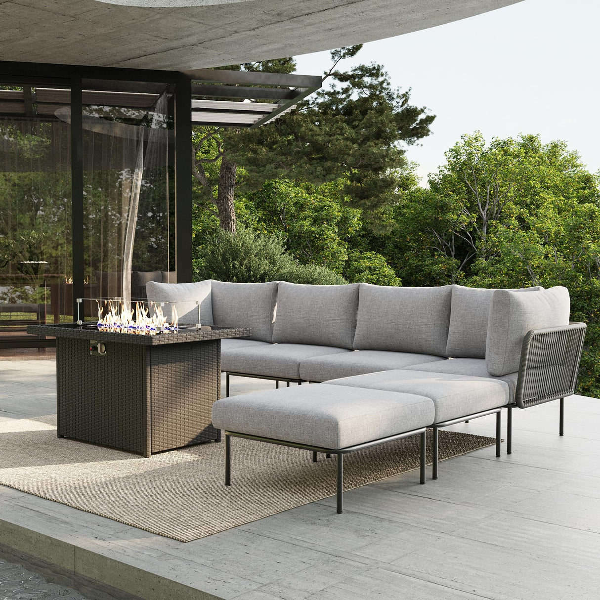 Vakollia 7 Piece Modern Outdoor Rope Wicker Sectional Patio L-Shaped Conversation Sofa Set Deep Seating with Fire Pit Table Vakollia