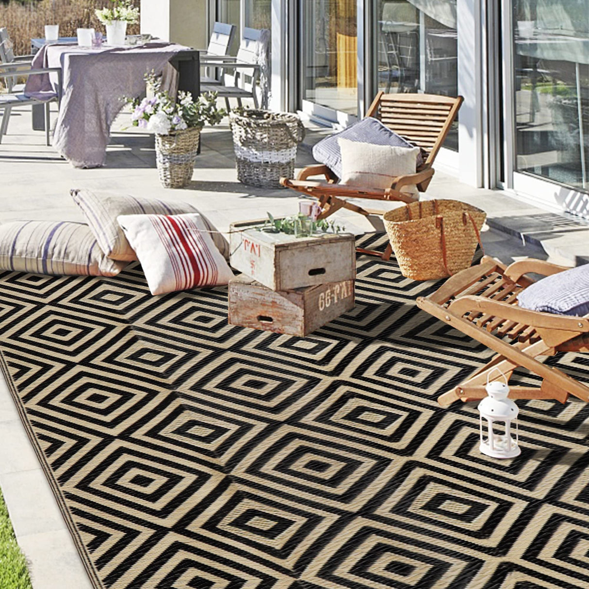 Ridota Reversible Mats, Outdoor Patio Rugs, Plastic Straw Rug, Modern Area Rug, Floor Mat for Outdoors, RV, Patio, Backyard, Deck, Picnic, Beach, Trailer, Camping (Diamond Black & Beige, 5' x 8') Ridota