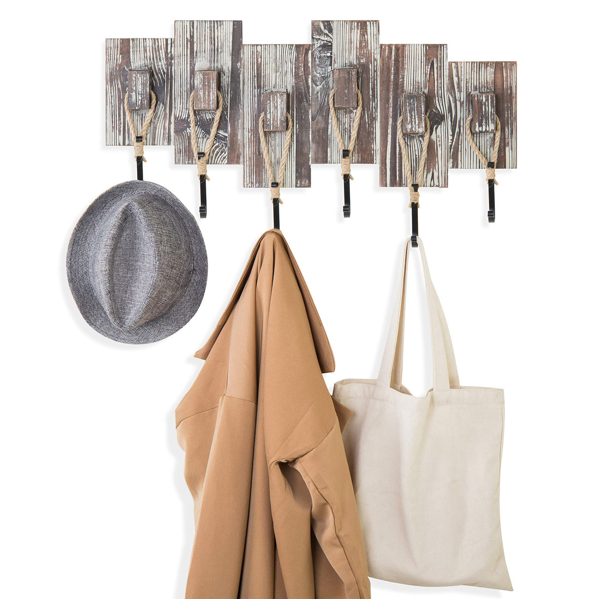 MyGift 6 Hook Wall Mounted Torched Wood Entryway Coat and Hat Rack, Decorative Nautical Style Rustic Rope Metal Hanging Storage Hooks on Offset Wooden Planks MyGift