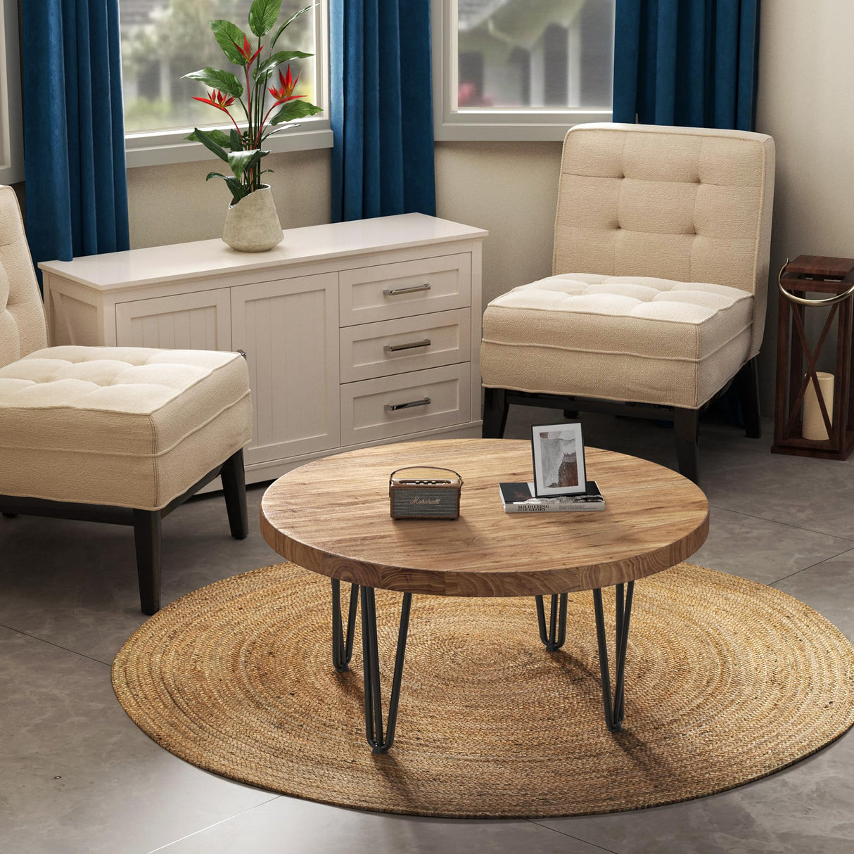 FLYJOE Rustic Wood Round Coffee Table with Metal Legs, Solid Elm Wood Top and Non-Slip Feet Pads - Farmhouse Style for Living Room, Natural FLYJOE