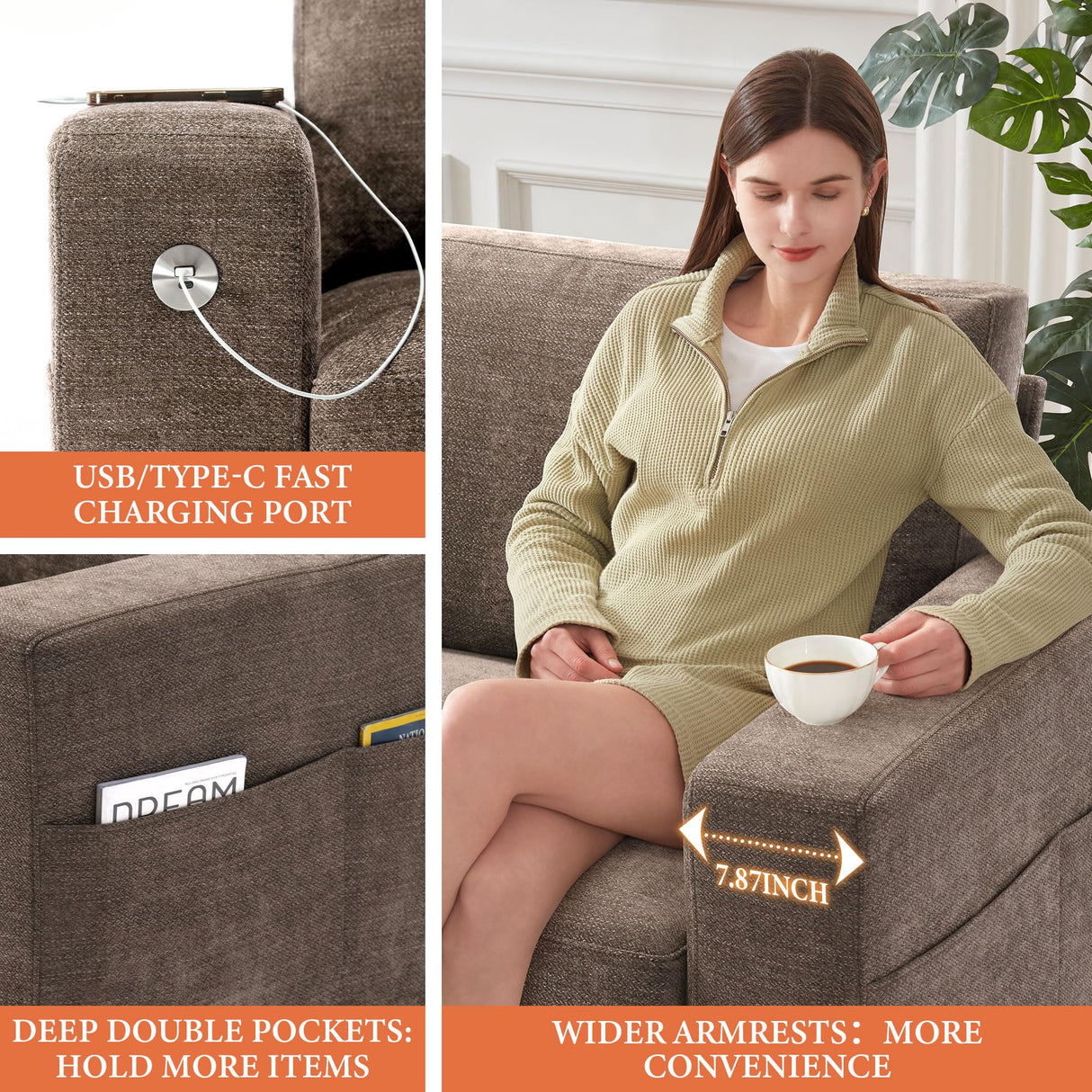 Ihanherry 89" Modern Sofas 3-Seats Couches for Living Room, Chenille Sofas with Extra Large Seat Width & Depth, USB/Type-C Charging Port & Side Pocket, Removable Medium Firm Sofa Cushion(Brown) Ihanherry