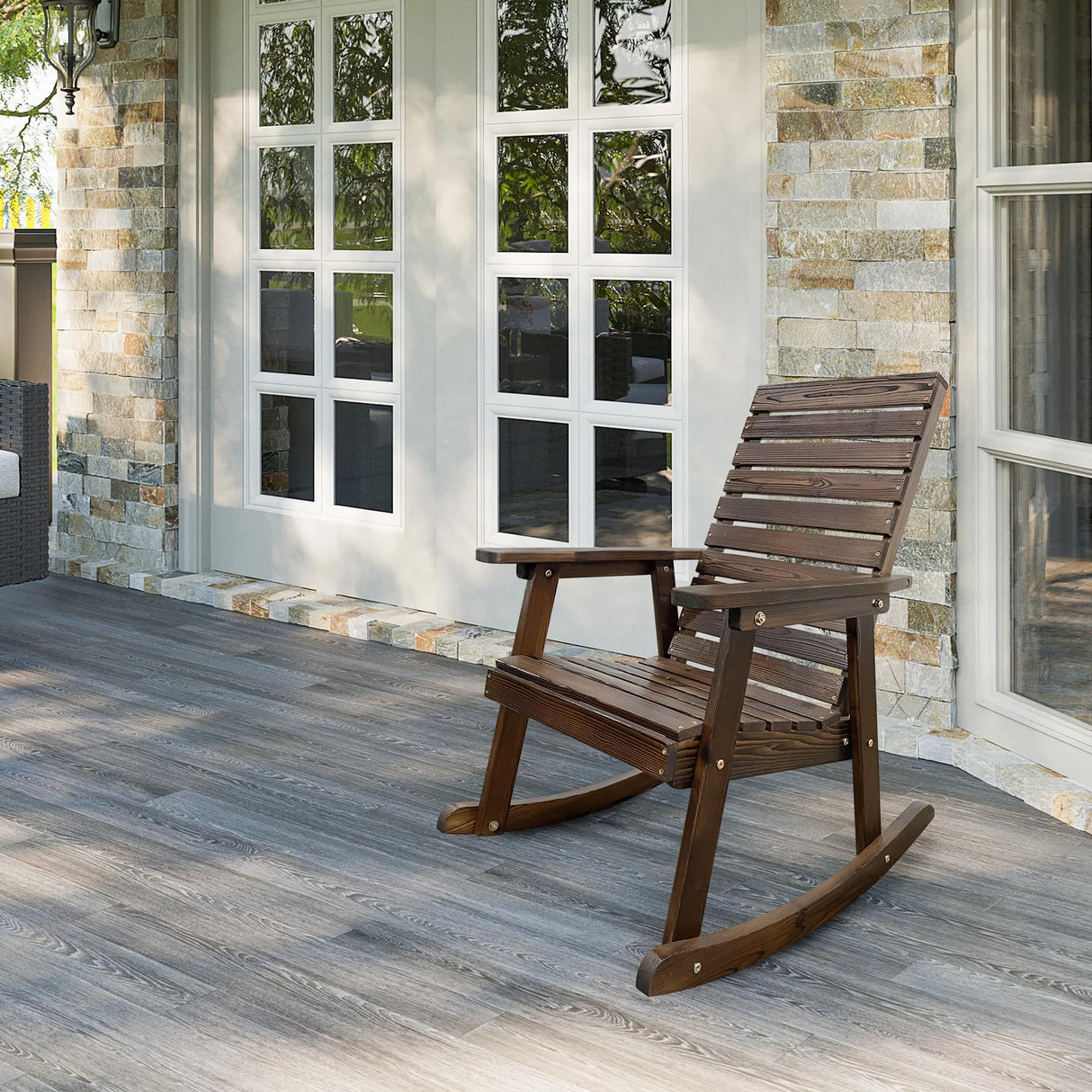 Mega Casa Wooden Rocking Chair with High Backrest and Contoured Seat, Solid Fir Wood, Heavy Duty 600 LBS, for Both Outdoor and Indoor, Backyard, Porch and Patio (Coffee) Mega Casa