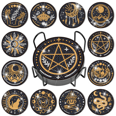 Xuhal 12 Pcs Tarot Diamond Painting Coasters Kits DIY Tarot Diamond Art Coasters with Holder DIY Drinks for Adults Craft Supplies Art Gift, 12 Styles