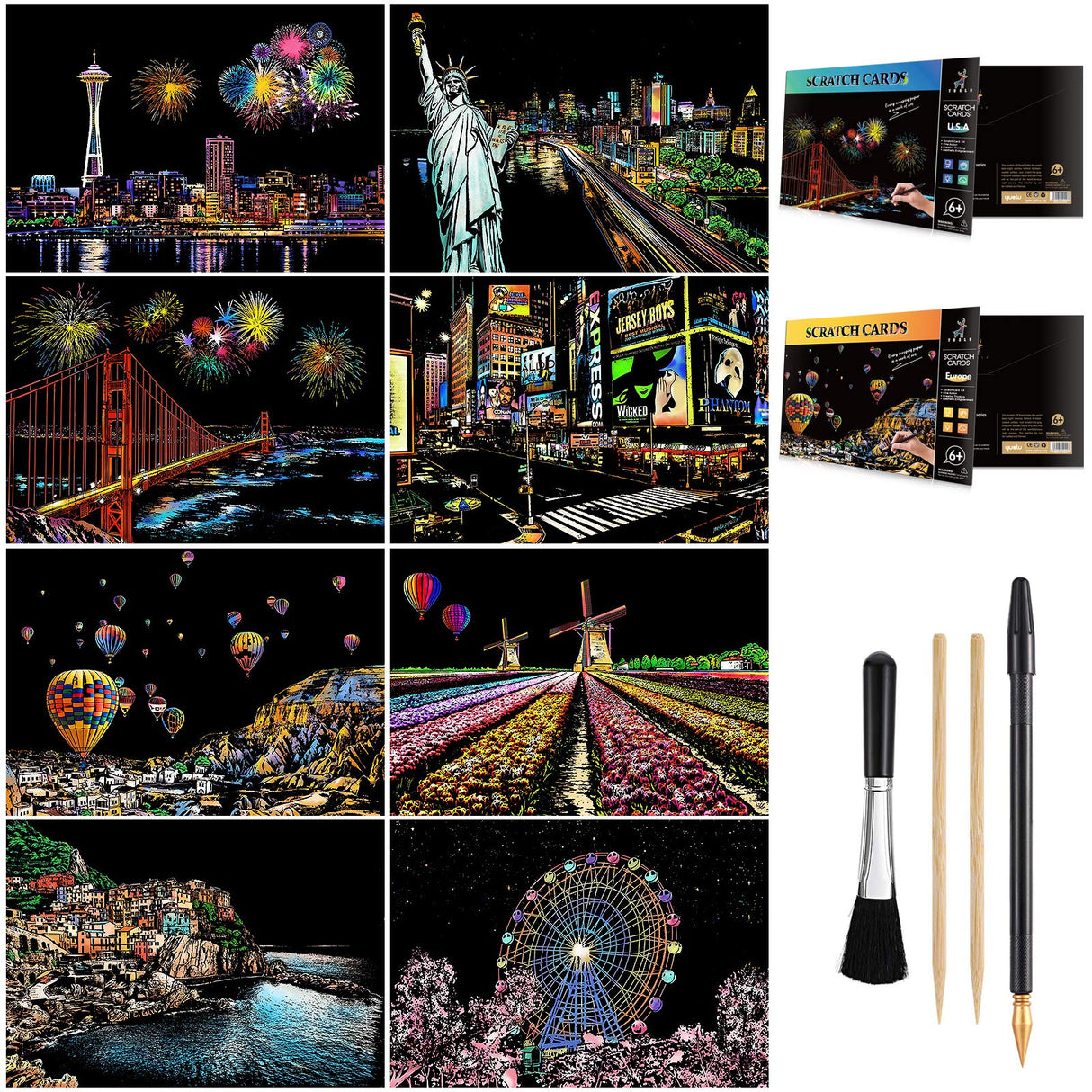 Scratch Art for Teens & Adults, Rainbow Engraving Painting Landscape Scratchboard(A4) Crafts Set: 8 Sheets with 4 tools - New York, Statue of Liberty, Golden Gate Bridge, Manarola (America / Europe) AP ARTSPER