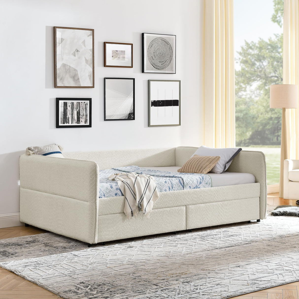 KEIKI Queen Size Boucle Upholstery Daybed with 2 Drawers, Modern Style Tufted Corner Sofa Bed Frame with Solid Wooden Slats, Easy Assembly, No Box Spring Required, for Living Room, Bedroom, Beige KEIKI