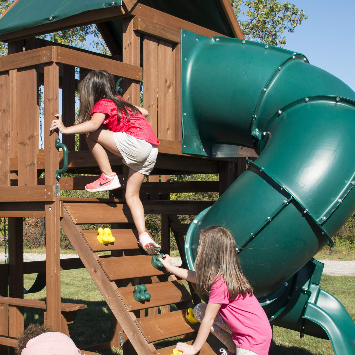 Swing-N-Slide WS 8358 Denali Tower Swing Set with Two Slides, Climbing Wall & Swings, Wood Swing-N-Slide