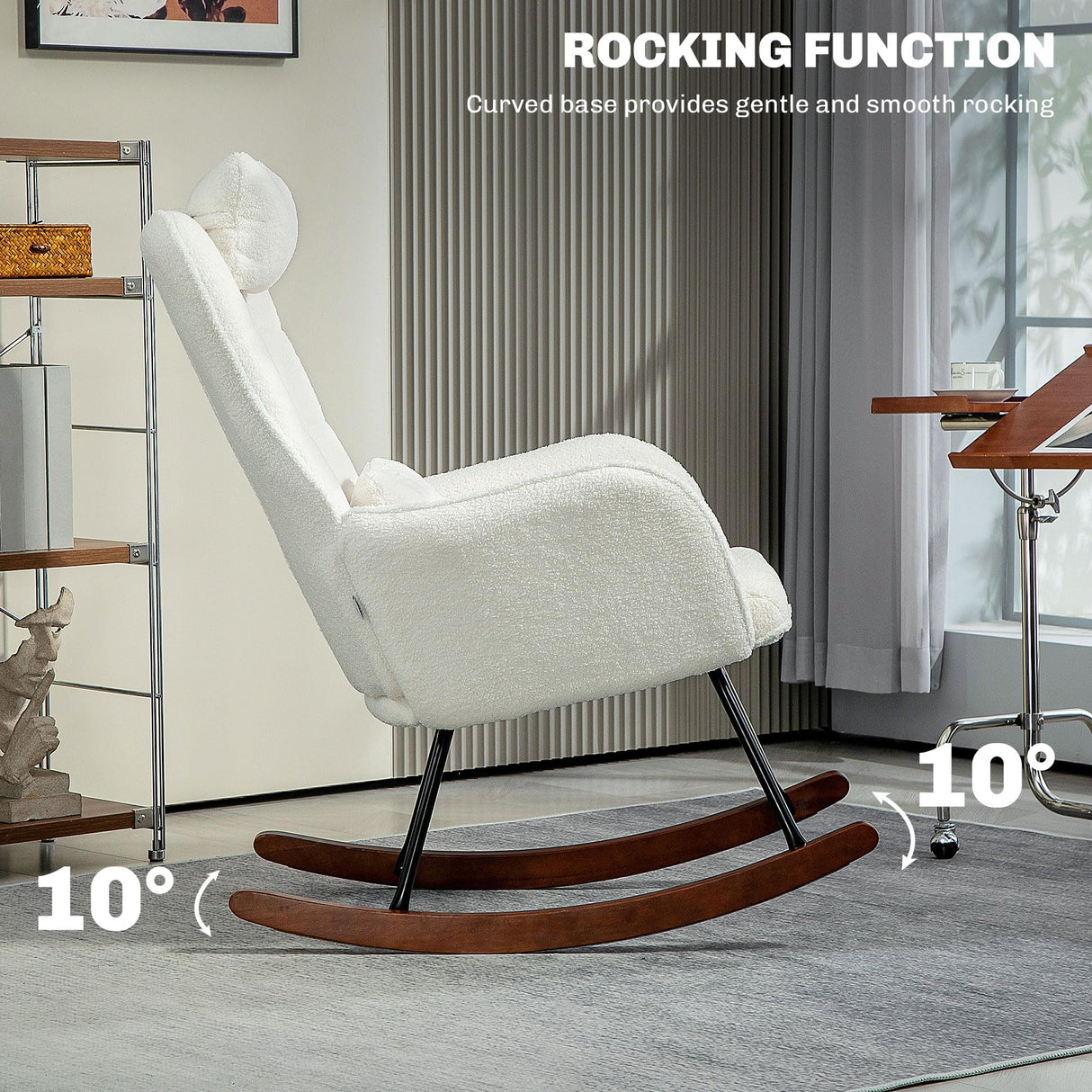 HOMCOM Upholstered Rocking Chair with Headrest and Lumber Pillow, Teddy Fleece Modern Rocker Chair with High Back, Steel Frame and Beech Wood Base for Living Room, Bedroom, Cream White HOMCOM