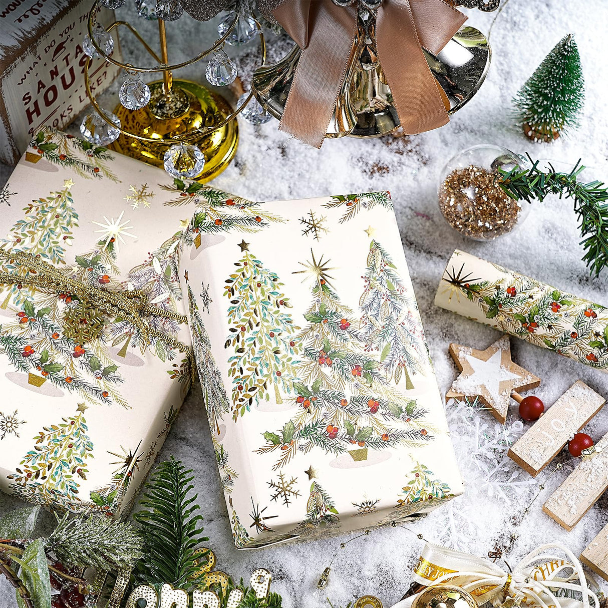 RUSEPEA Luxury Christmas Tree Wrapping Paper Roll, Mini Roll, Elegant Gold Foil Xmas Tree Gift Wrap Paper for Holiday Gifts, Party, DIY Crafts (17in x 16.4ft) RUSPEPA