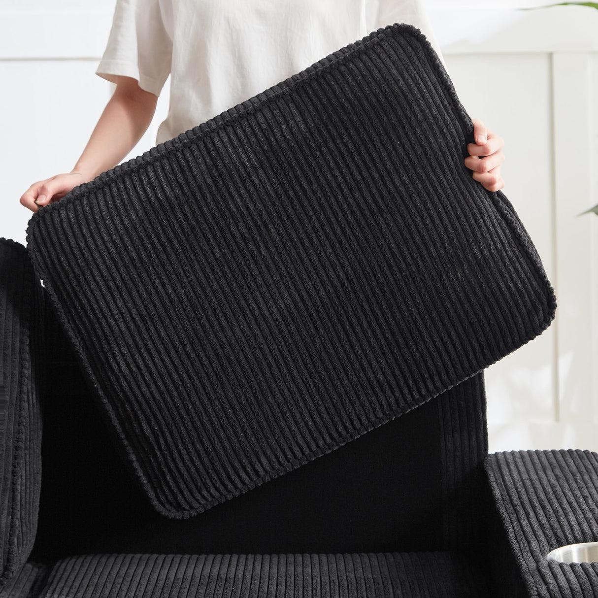 83.86" Couch Sofa with Extra Deep Seat, Modern Corduroy Fabric Sofa Cloud Couch with 2 Cup Holders, Comfy Upholstered 3 Seater Sofa Bed Couches for Living Room, Apartment, Office, Black SLEERWAY