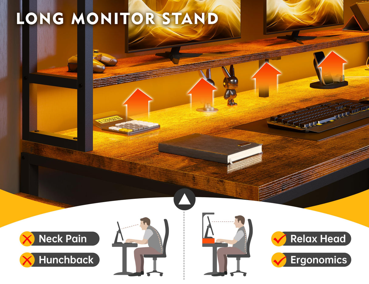 EnHomee 66" L Shaped Desk with Drawers Reversible Large L Shaped Gaming Desk with LED & Storage Shelf Gaming Desk with Monitor Stand Power & Outlet Wide Home Office Desks with File Cabinet Brown EnHomee