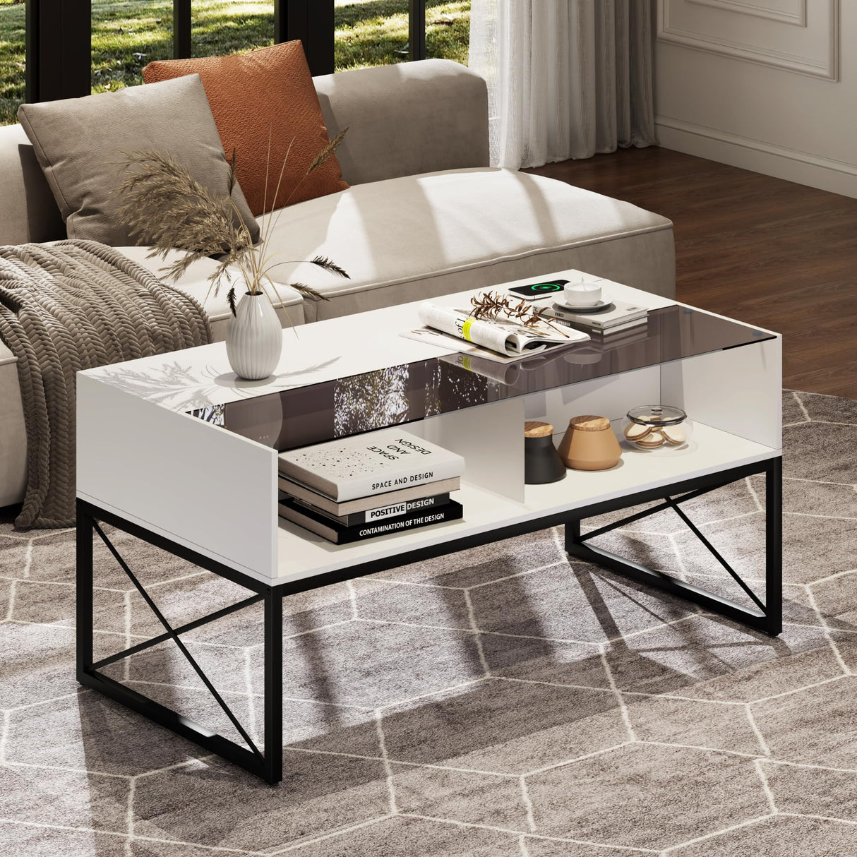 Glass Coffee Tables for Living Room, Grey Mid Century Modern Coffee Table with Storage, Smart Led Light Wood Coffee Table(White) HWB
