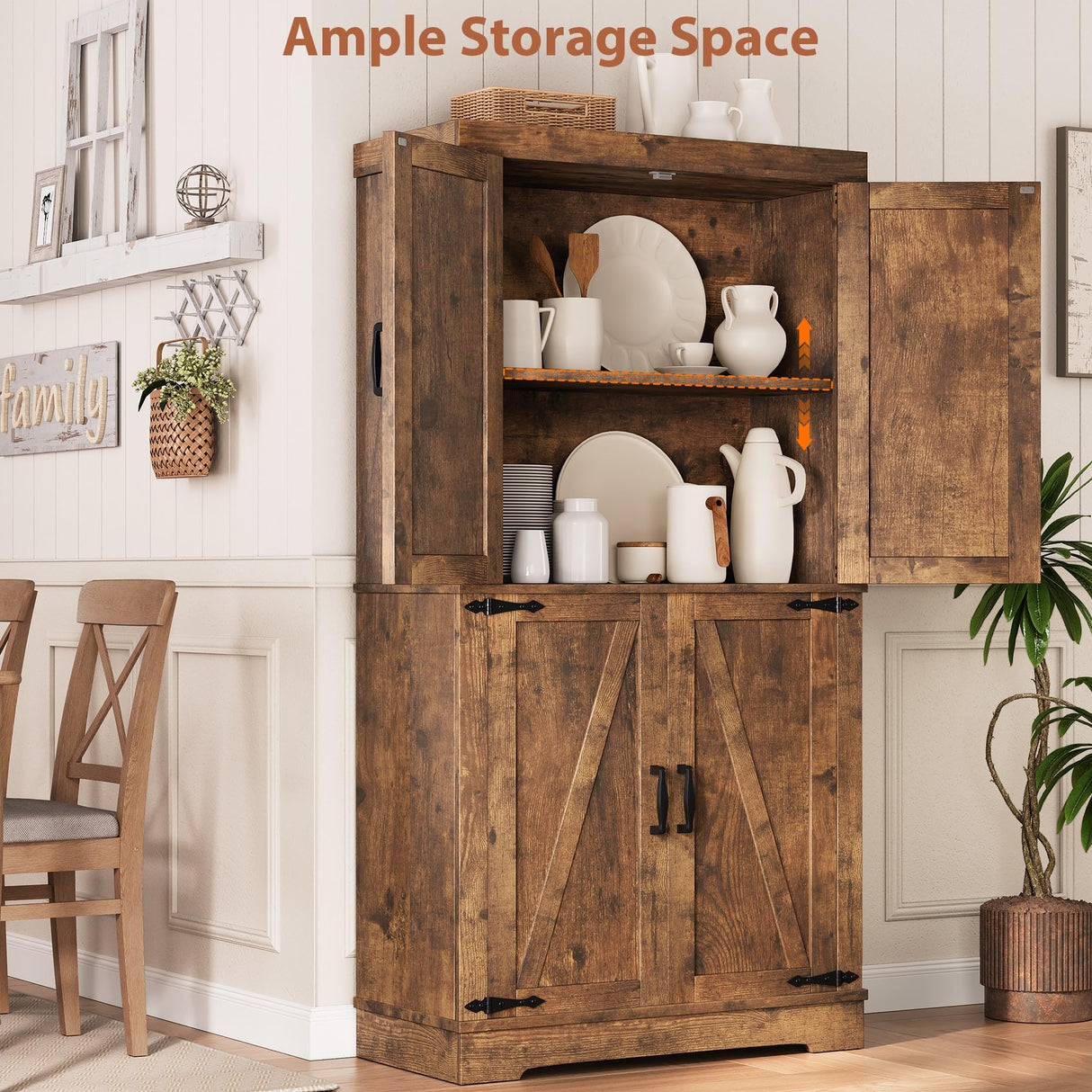 Jocoevol Pantry Cabinet, 68'' Kitchen Pantry Storage Cabinet with 4 Doors and Adjustable Shelves, Farmhouse Tall Food Large Wood Pantry Storage Furniture for Kitchen Dining Room, Brown Jocoevol