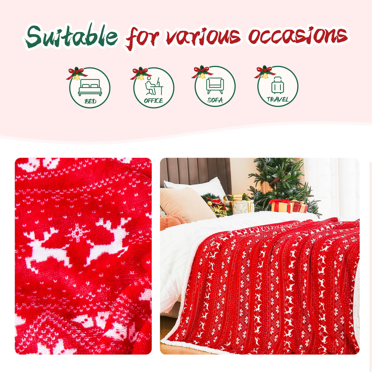 Ramees Christmas Throw Blanket, Christmas Decorations Blankets and Throws, Fuzzy Cozy Soft Warm Fleece Sherpa Winter Holiday Blanket for Bed Couch Sofa Reindeer Snowflakes Ramees