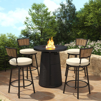PIZZELLO 5-Piece Patio Swivel Bar Set with 37" Height Propane Round Firepit Table and High Swivel Stools Chair Set of 4, Outdoor High Top Bistro Set for Poolside, Garden, Balcony(Black)
