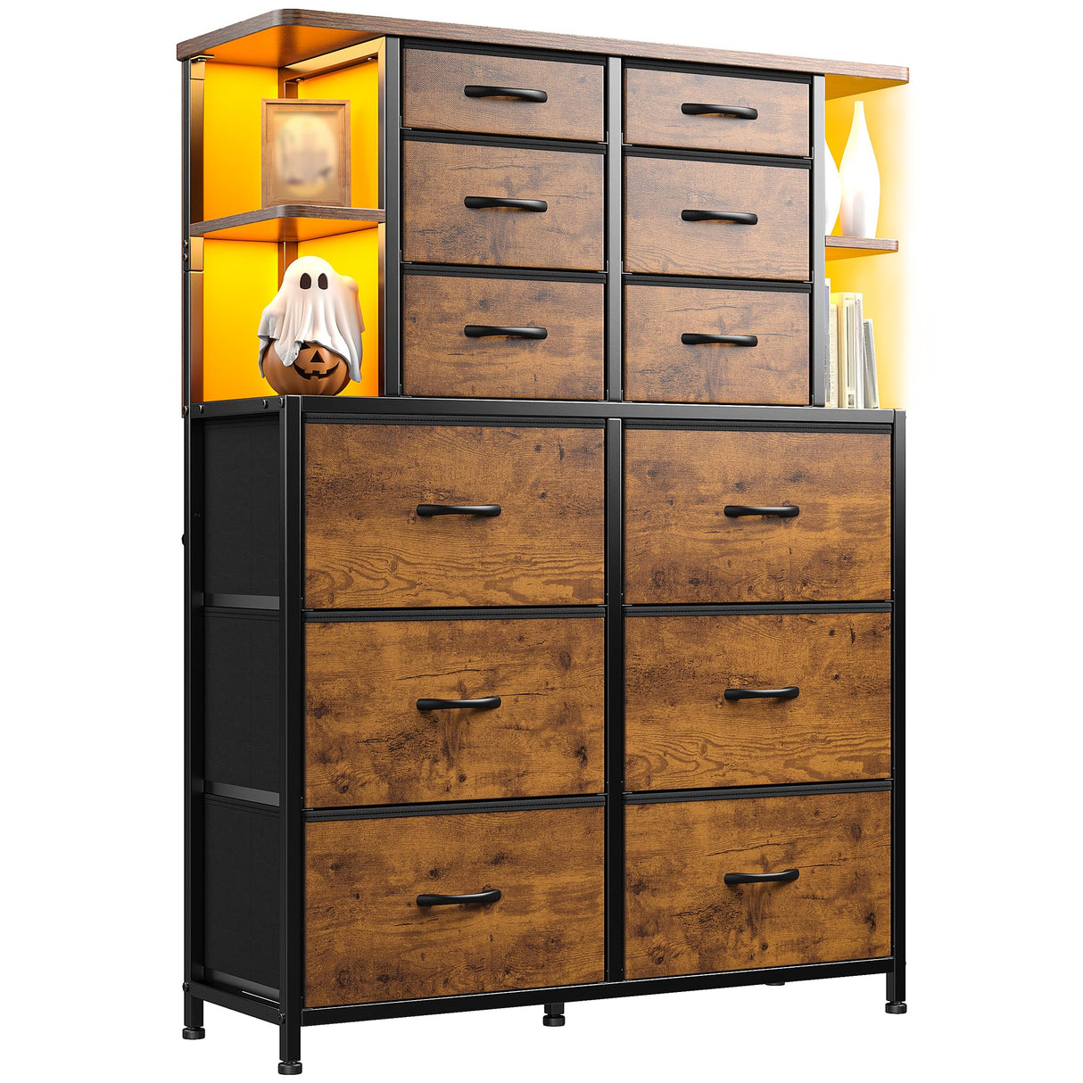 EnHomee Dresser for Bedroom with LED Lights, 12 Drawers Bedroom Dresser, Dresser and Tall Dresser with Open Shelves, Fabric Dressers & Chests of Drawers with Sturdy Metal Frame, Rustic Brown EnHomee