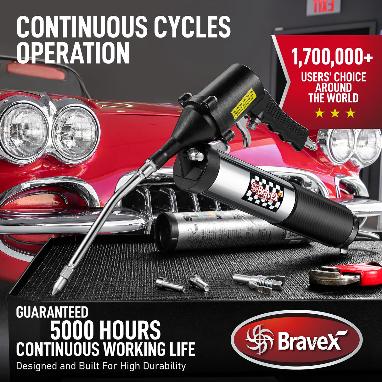 Pneumatic Grease Gun Automatic W/Quick Release Coupler, Continuous Cycle Heavy Duty 6000 PSI Air Compressor Grease Gun with Flex Hose 18 Inch Bravex